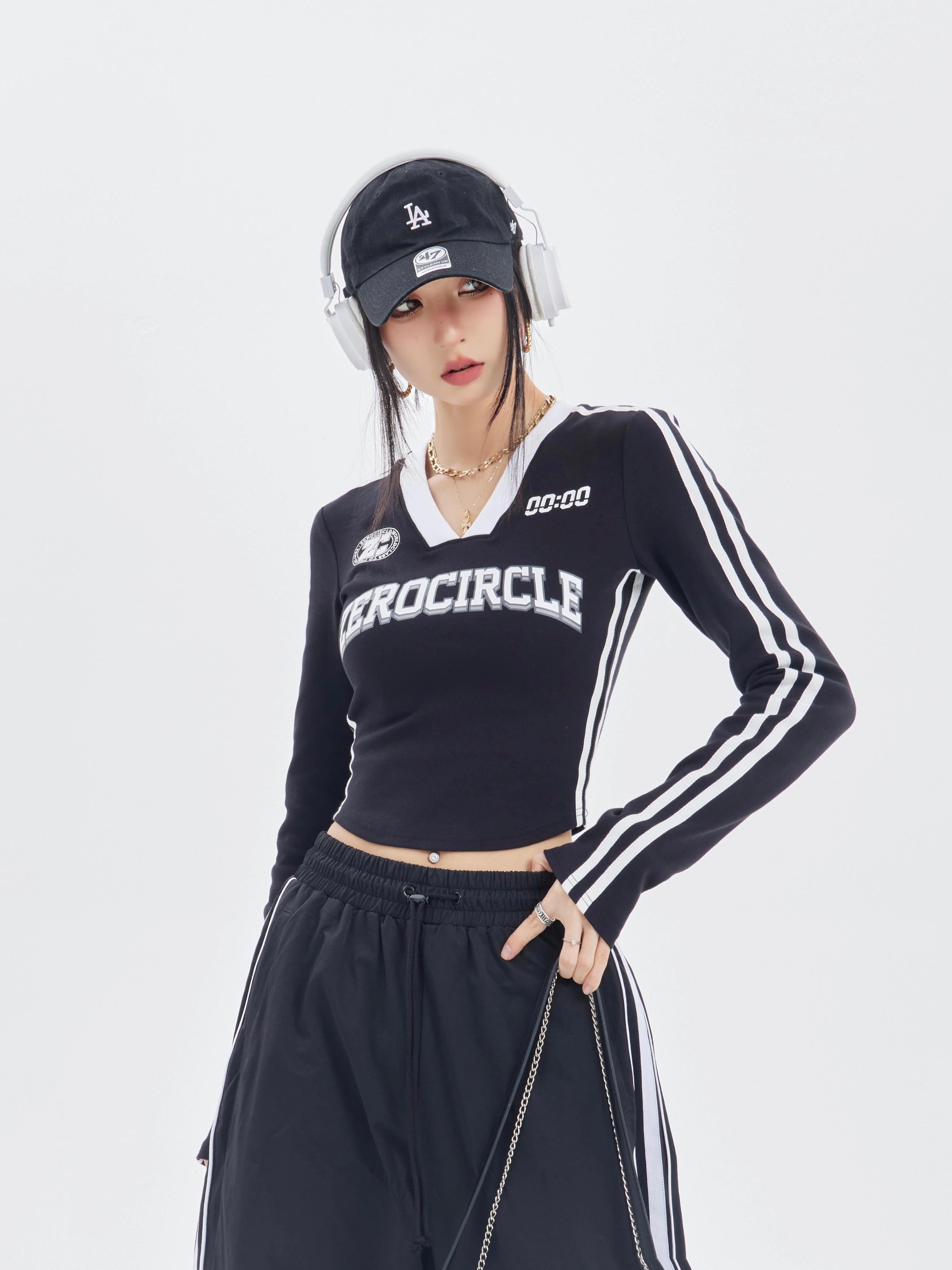 野生zerocircle灰黑色v领长袖t恤女春夏美式复古修身显瘦短款上衣