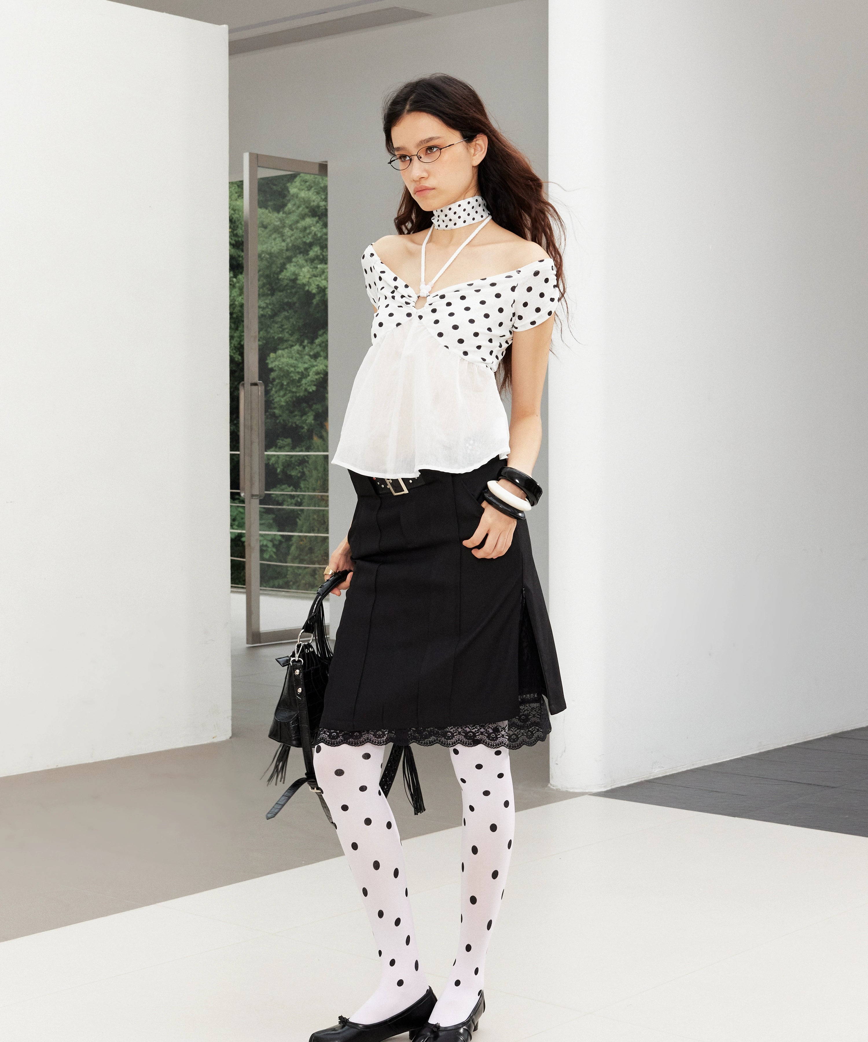 2th Desire朋克铆钉皮腰头拼接蕾丝H型显瘦开衩假两件西装半裙女