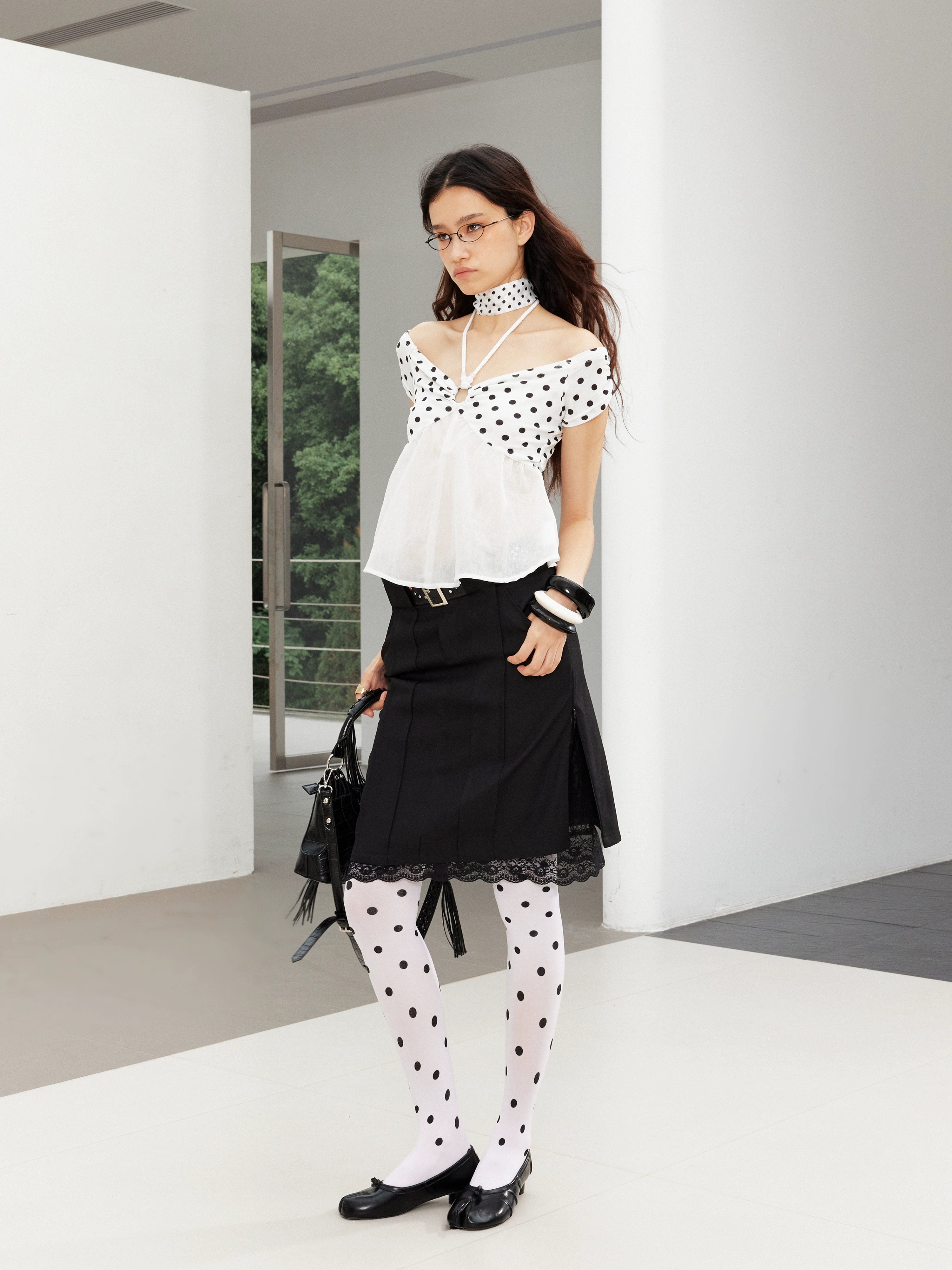 2th Desire朋克铆钉皮腰头拼接蕾丝H型显瘦开衩假两件西装半裙女