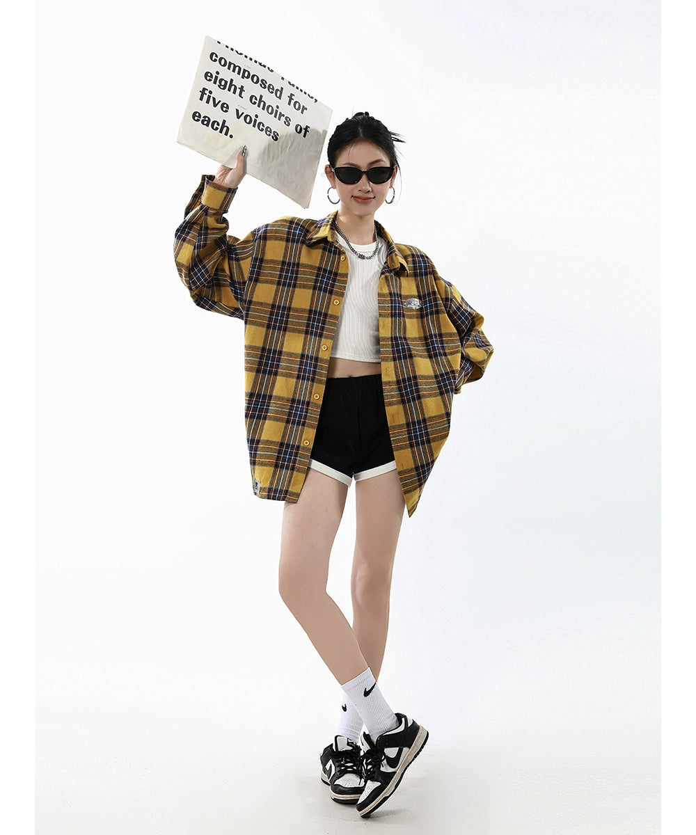 ICH MODE 美式复古格子衬衫女秋新款宽松流行百搭长袖衬衣外套