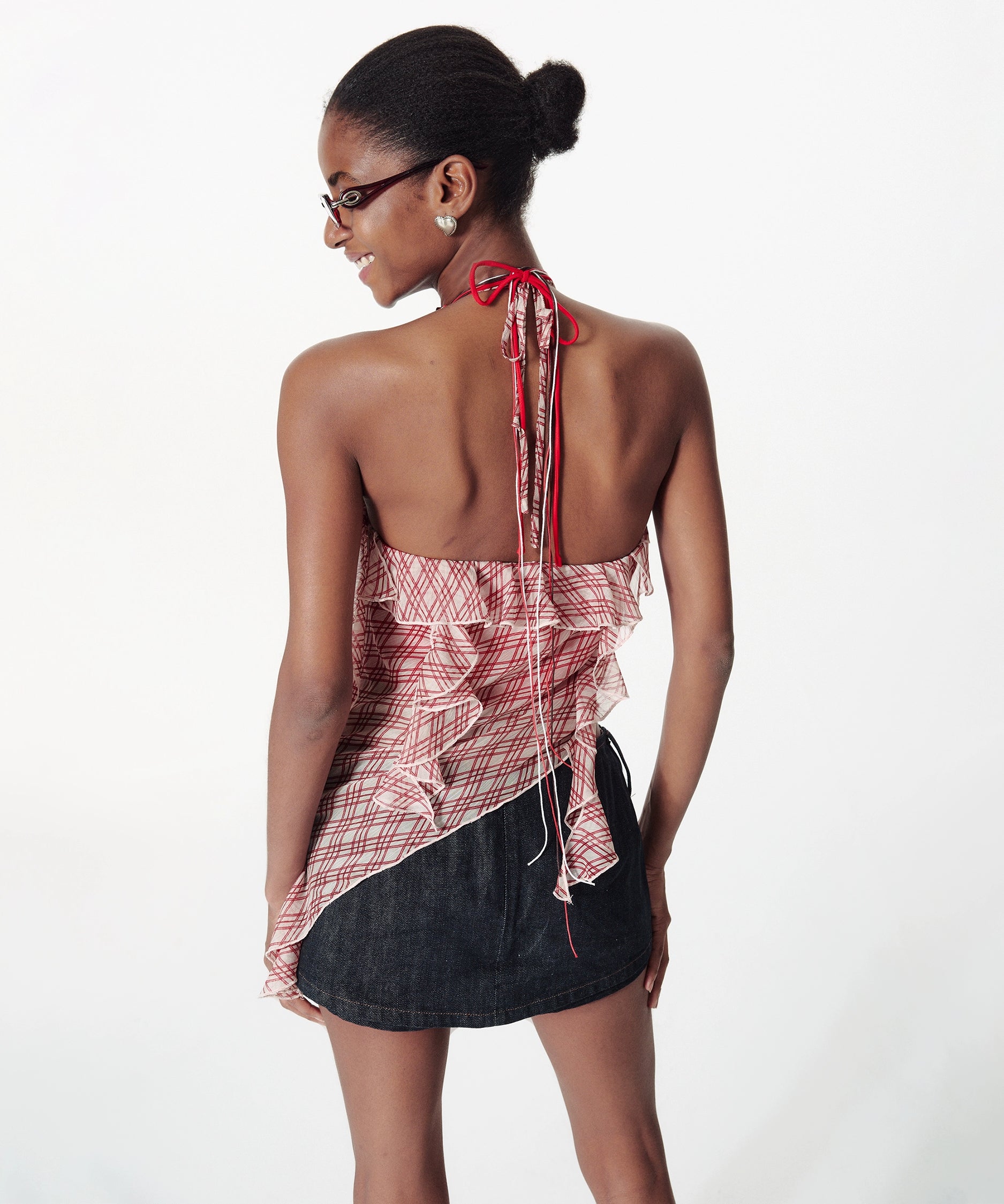 2th Desire格纹V领撒银不规则荷叶边露背挂脖吊带背心无袖上衣女