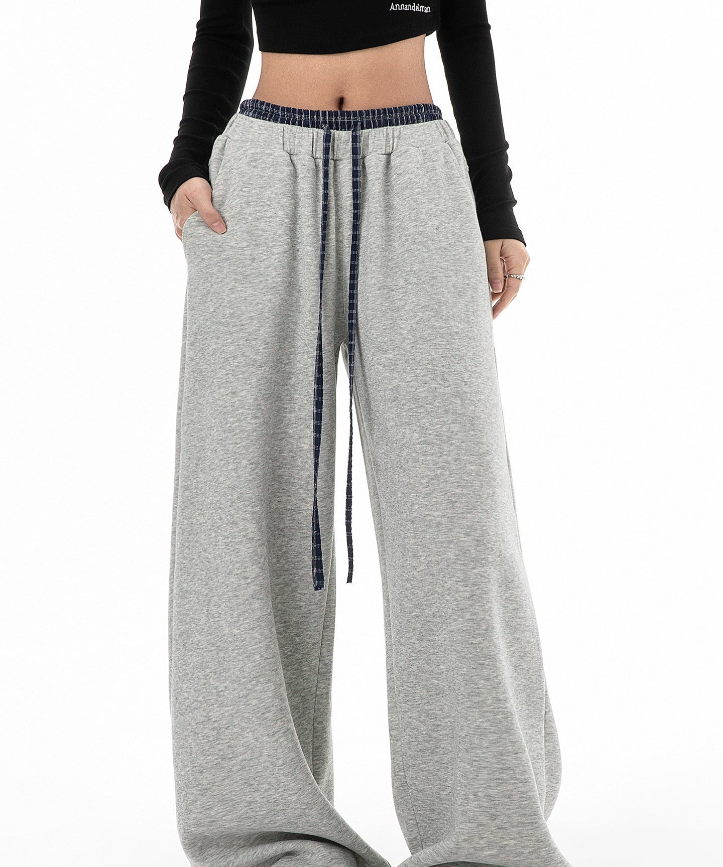 ICH MODE 美式复古格子拼接休闲裤女宽松直筒运动裤百搭阔腿卫裤