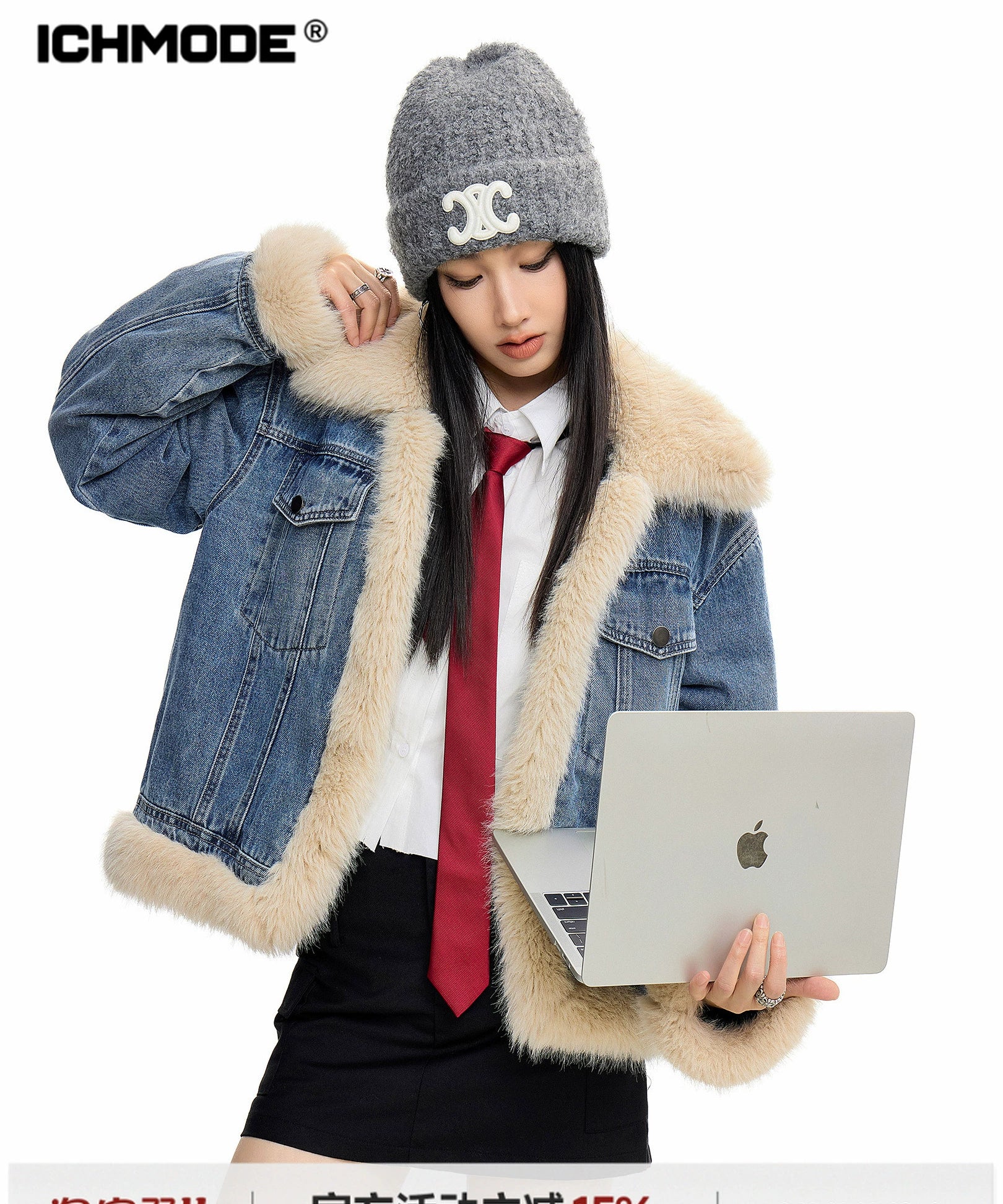 ICH MODE 美式复古毛领短款牛仔外套女秋冬季小香风夹克棉服上衣