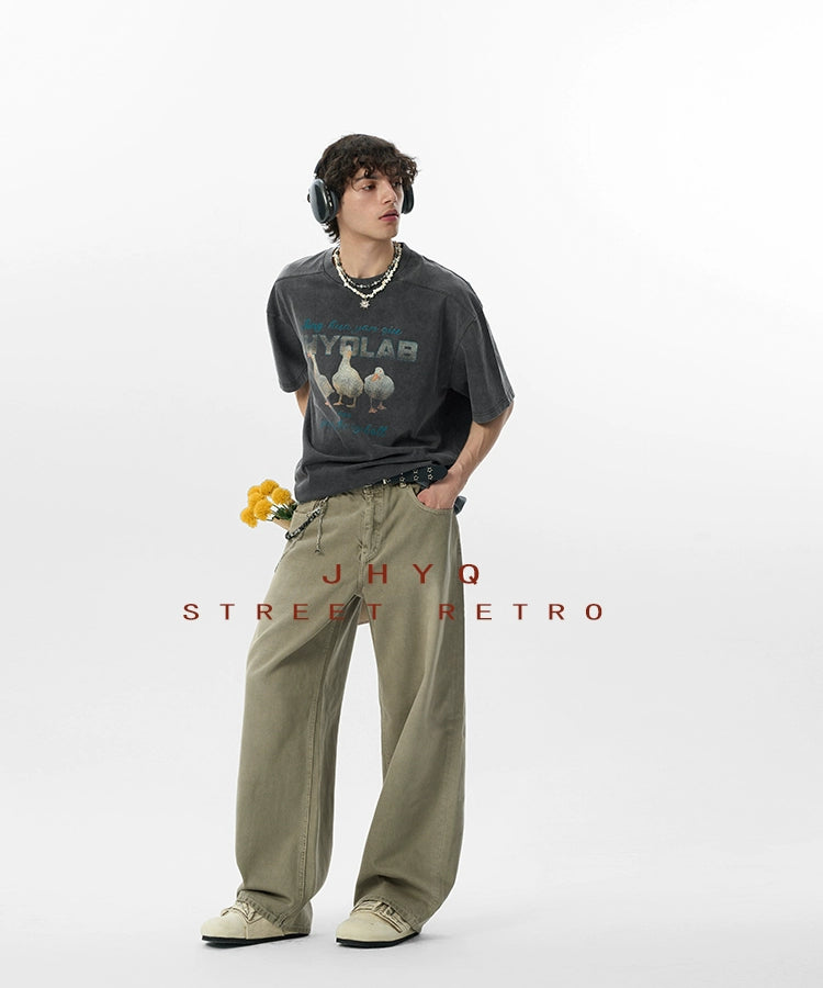 【2025好运鸭】JHYQ美式水洗做旧圆领短袖t恤男宽松重磅印花纯棉T