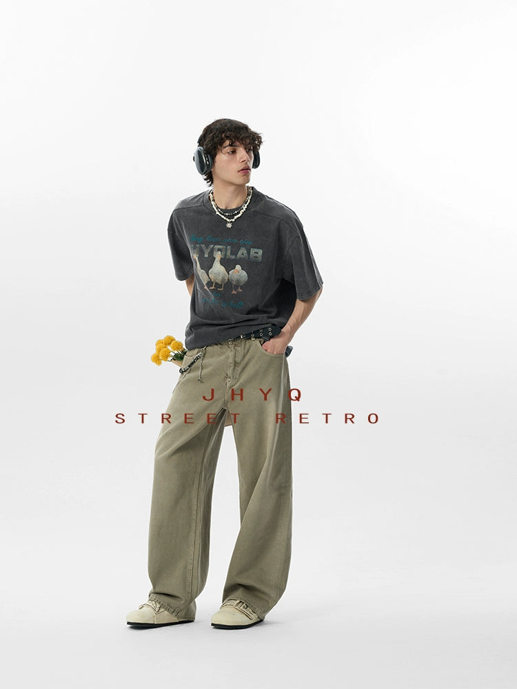 【2025好运鸭】JHYQ美式水洗做旧圆领短袖t恤男宽松重磅印花纯棉T