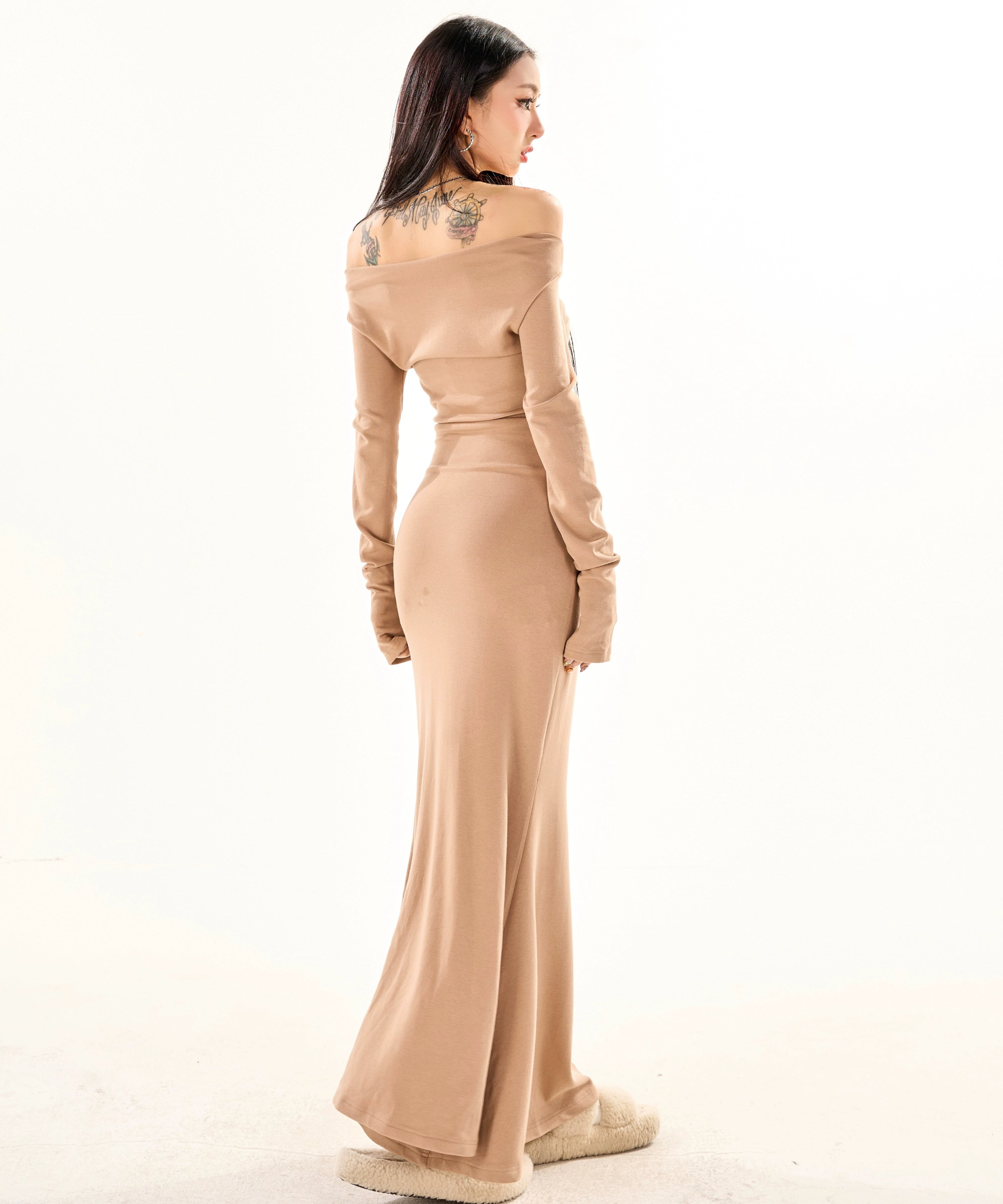 野生zerocircle黑灰绿卡其色一字肩长袖连衣裙女春季收腰显瘦裙子