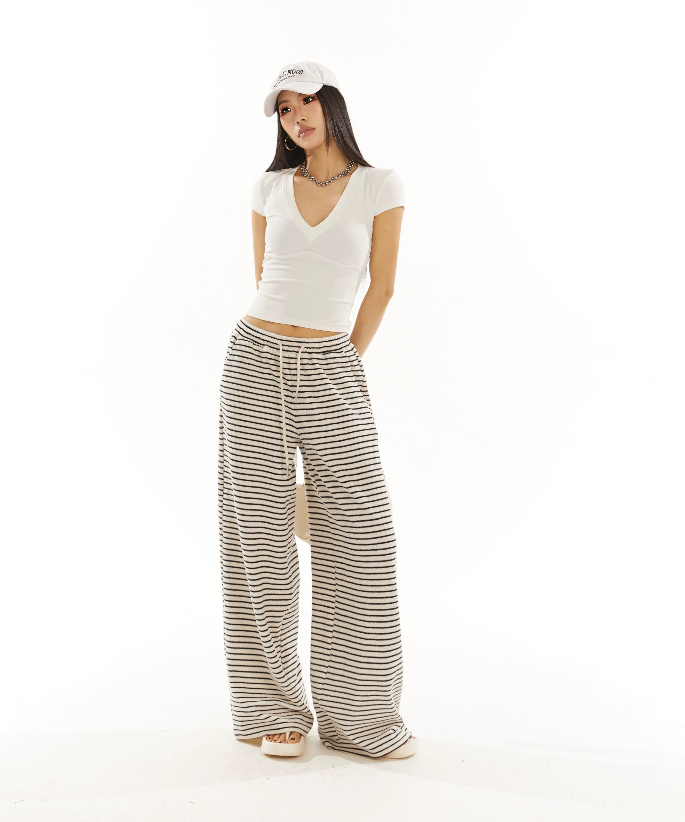 野生zero黑白条纹裤女夏季显瘦宽松慵懒风松紧腰阔腿直筒休闲裤子