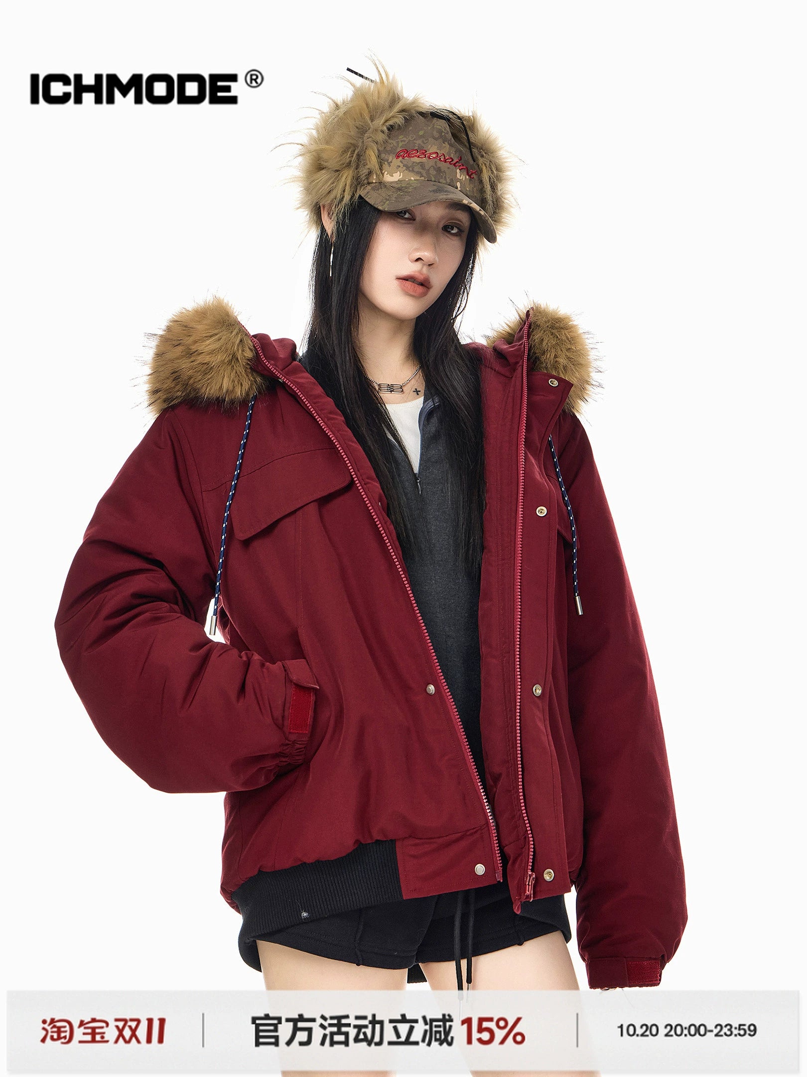 ICH MODE 美式复古毛领连帽棉服女2025新款冬季工装外套保暖棉衣