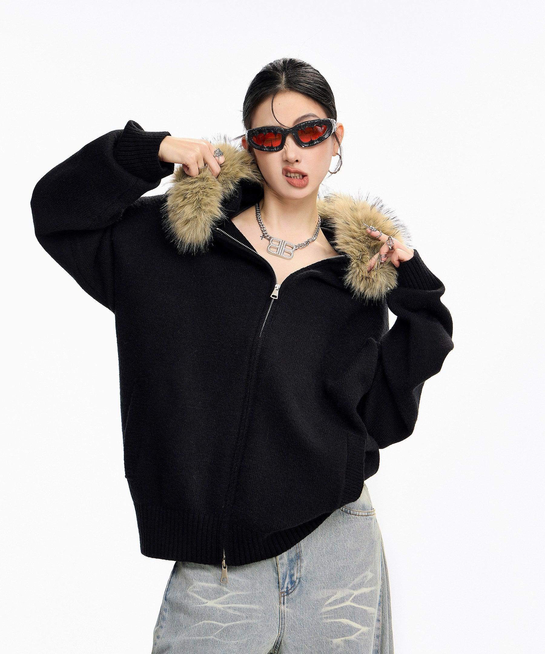 ICH MODE 美式复古毛领毛衣外套女秋冬宽松开衫连帽毛针织衫上衣