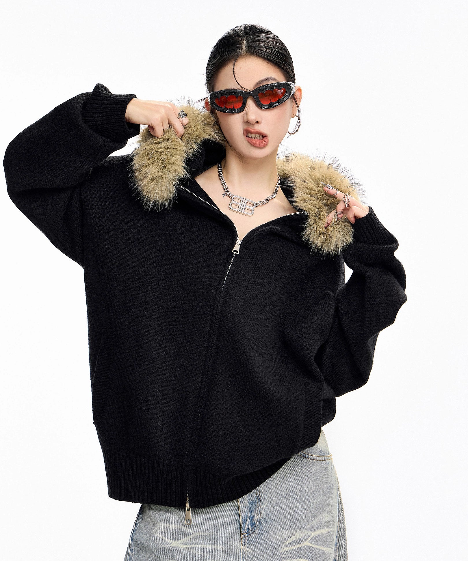 ICH MODE 美式复古毛领毛衣外套女秋冬宽松开衫连帽毛针织衫上衣