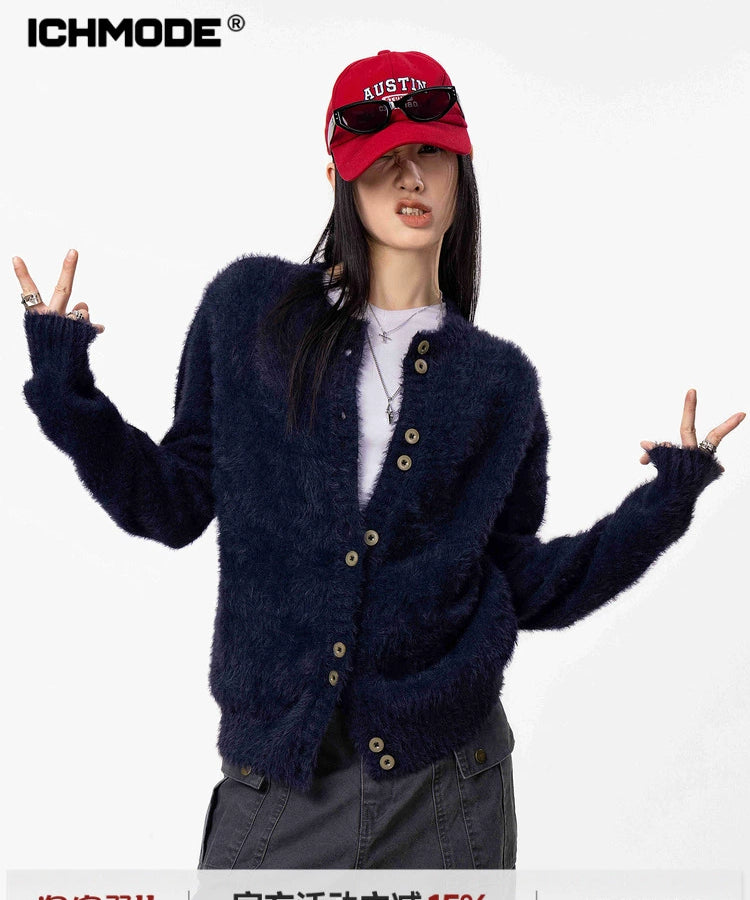 ICH MODE 美式复古毛针织衫女2025新款秋冬外搭毛衣开衫外套上衣