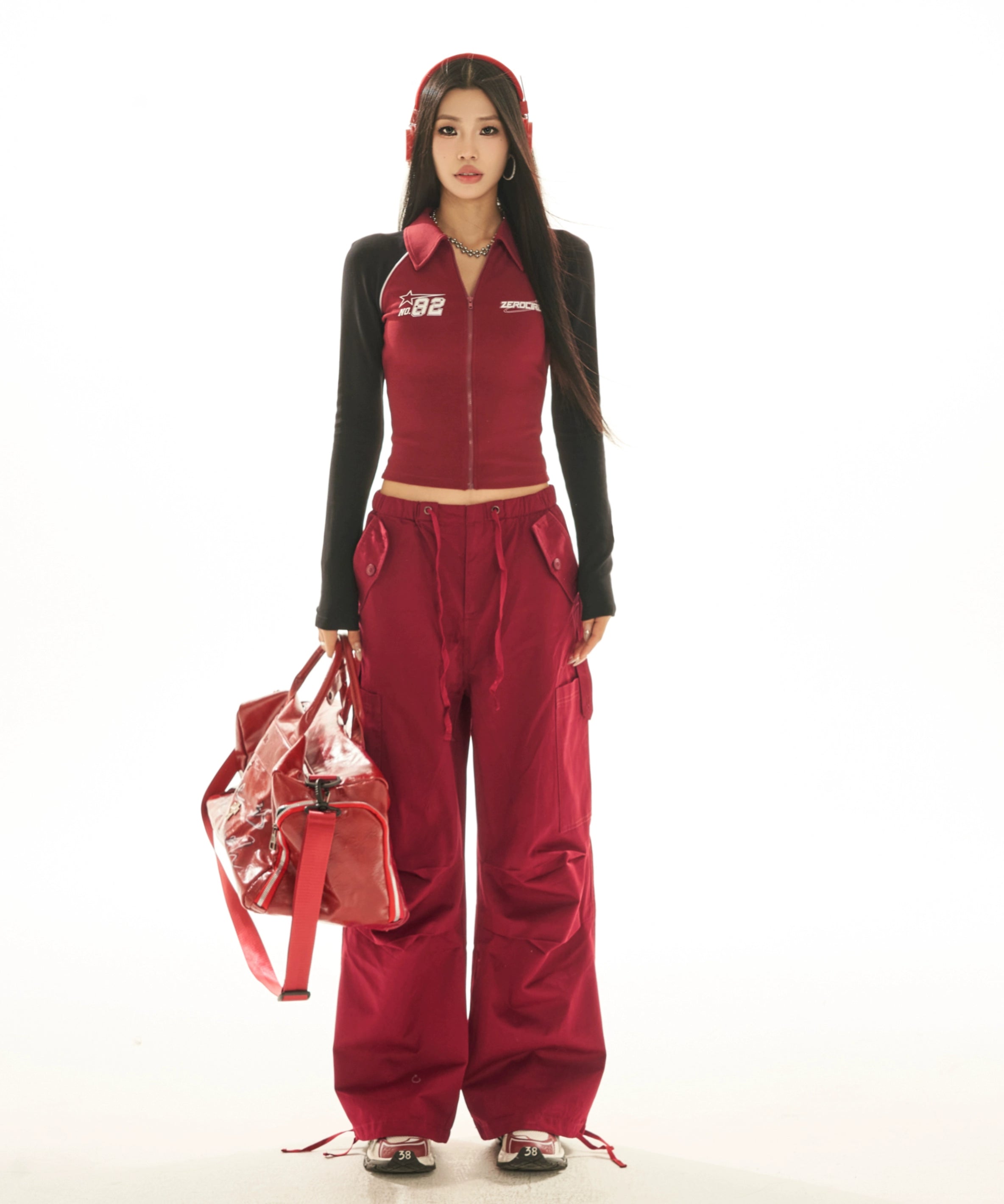 野生zerocircle撞色短款翻领插肩长袖上衣女春季辣妹修身显瘦开衫