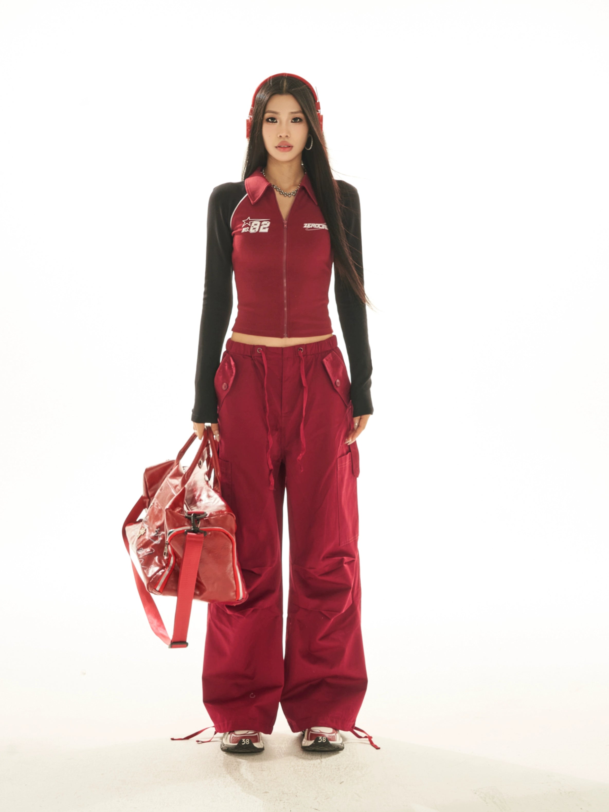 野生zerocircle撞色短款翻领插肩长袖上衣女春季辣妹修身显瘦开衫