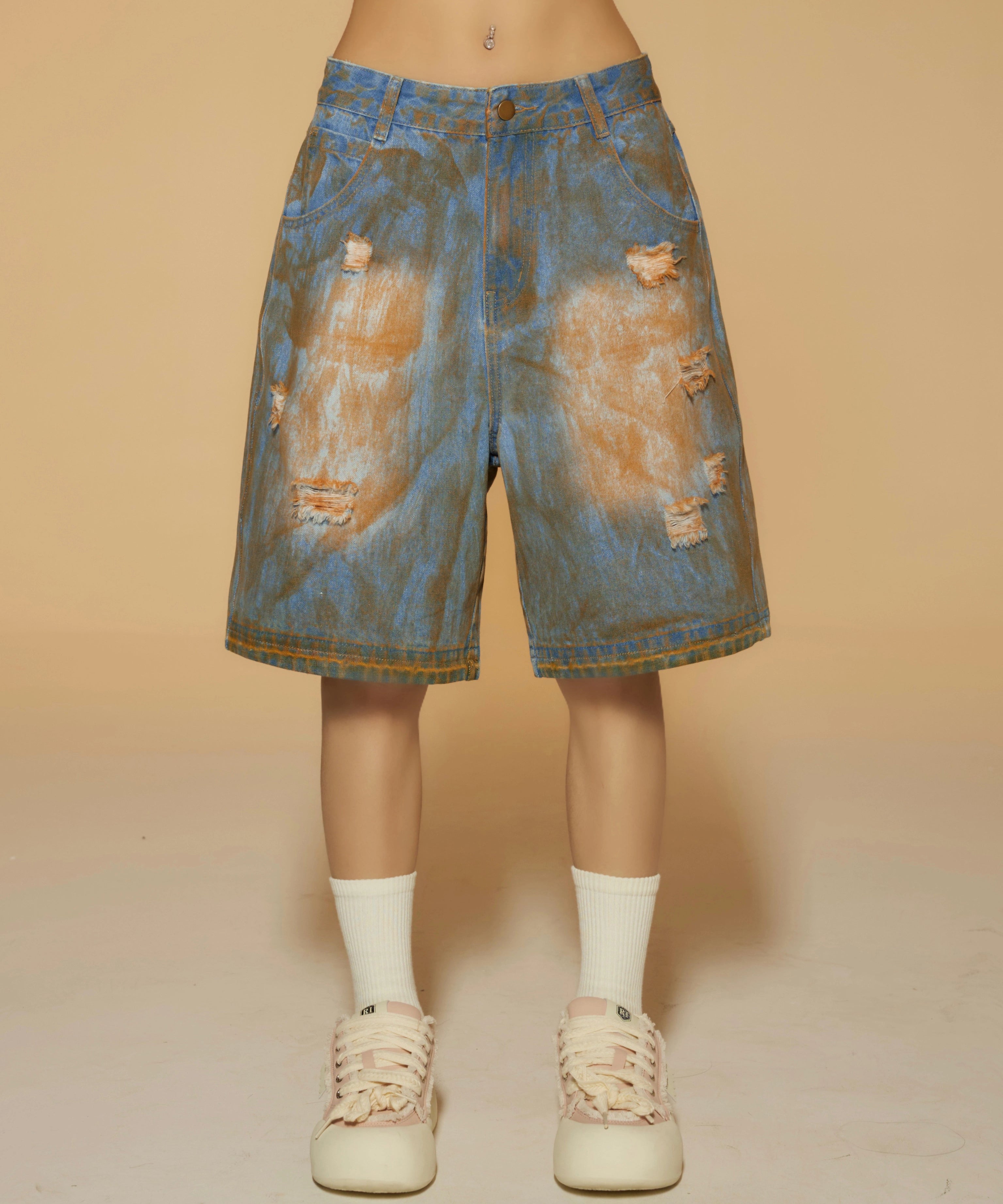 野生zerocircle复古蓝水洗低腰牛仔短裤女春小众显瘦宽松直筒裤子