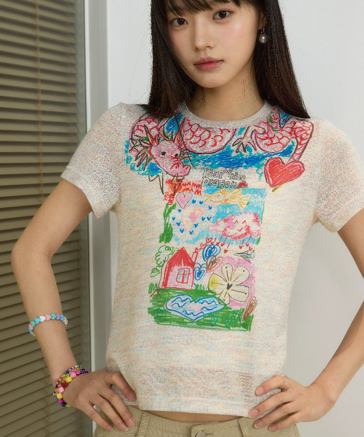 “过肩龙”| eeee原创涂鸦彩纱短袖修身少女感温柔风辣妹T恤夏季