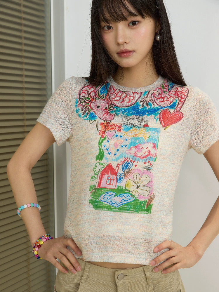 “过肩龙”| eeee原创涂鸦彩纱短袖修身少女感温柔风辣妹T恤夏季