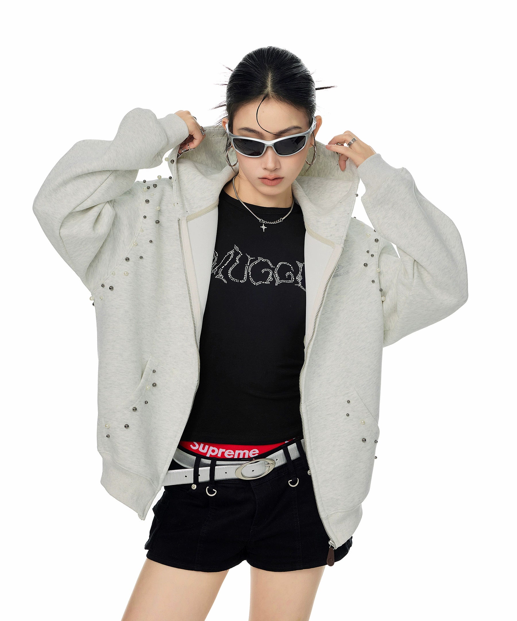 ICH MODE 美式复古珍珠连帽外套女2025新款秋冬宽松卫衣开衫上衣