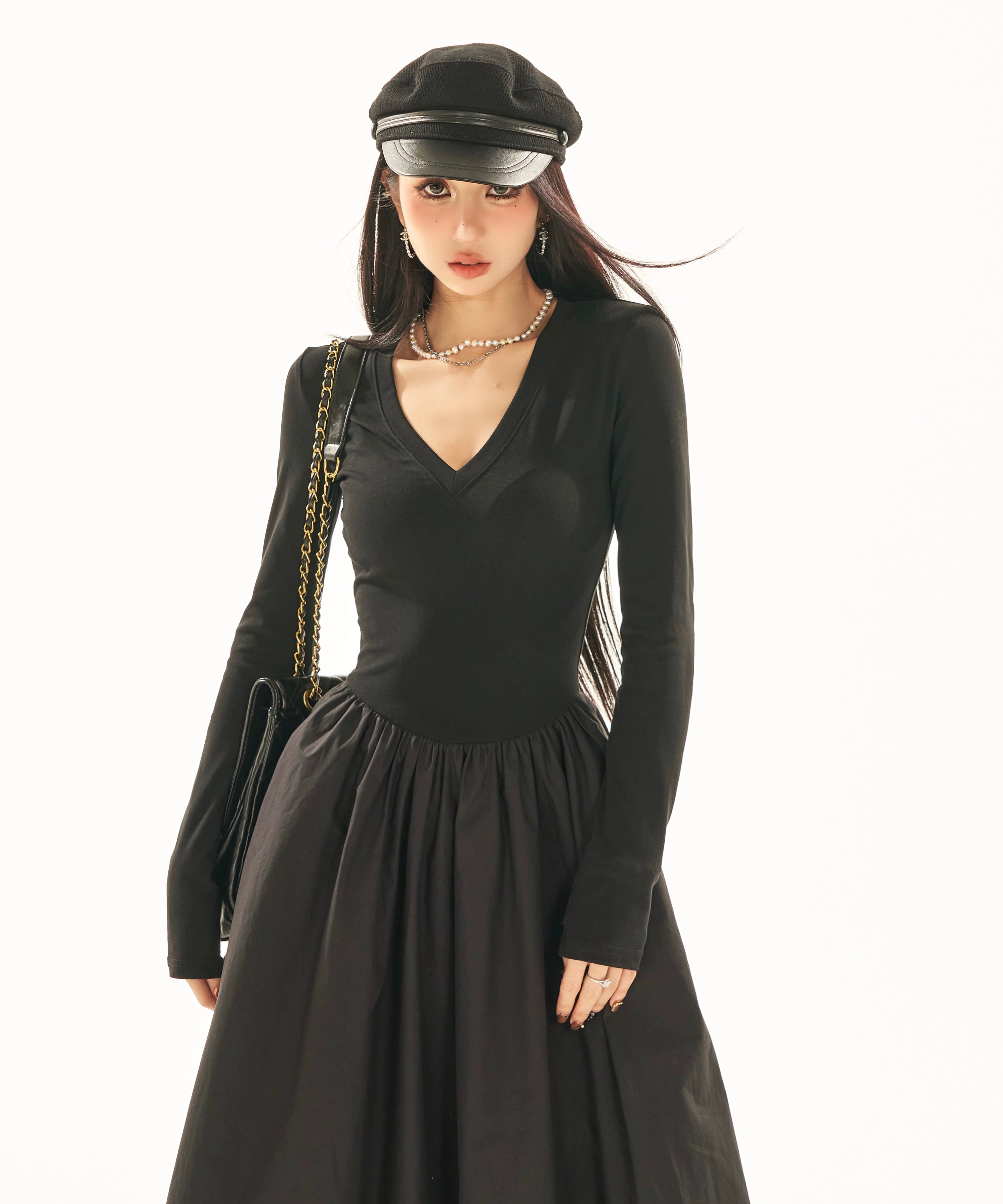 野生zerocircle黑白色v领长袖连衣裙女春夏辣妹修身显瘦a字长裙子