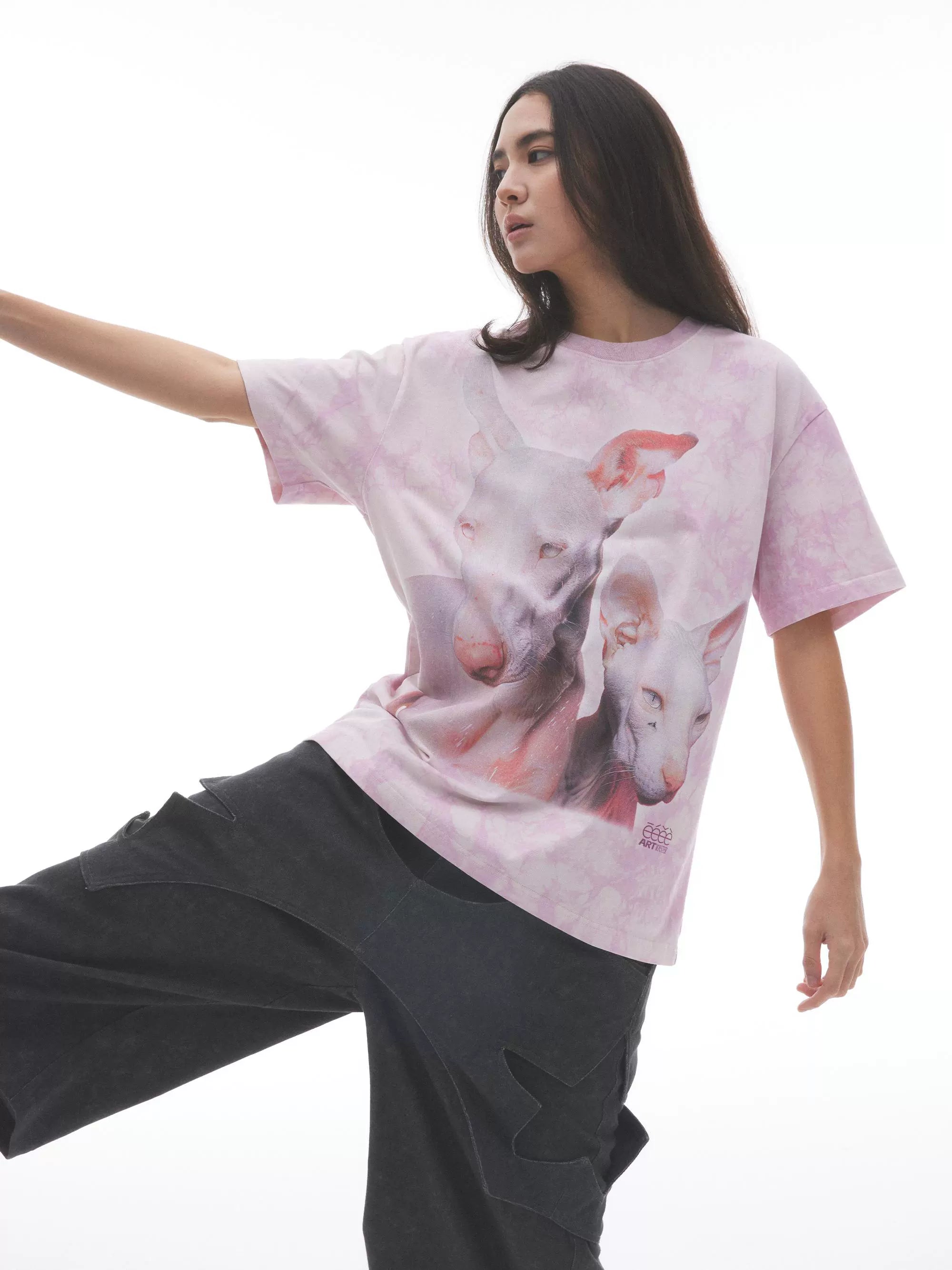 “猫狗大战”| eeee小众重工扎染粉色猫狗逼真印花短袖T恤