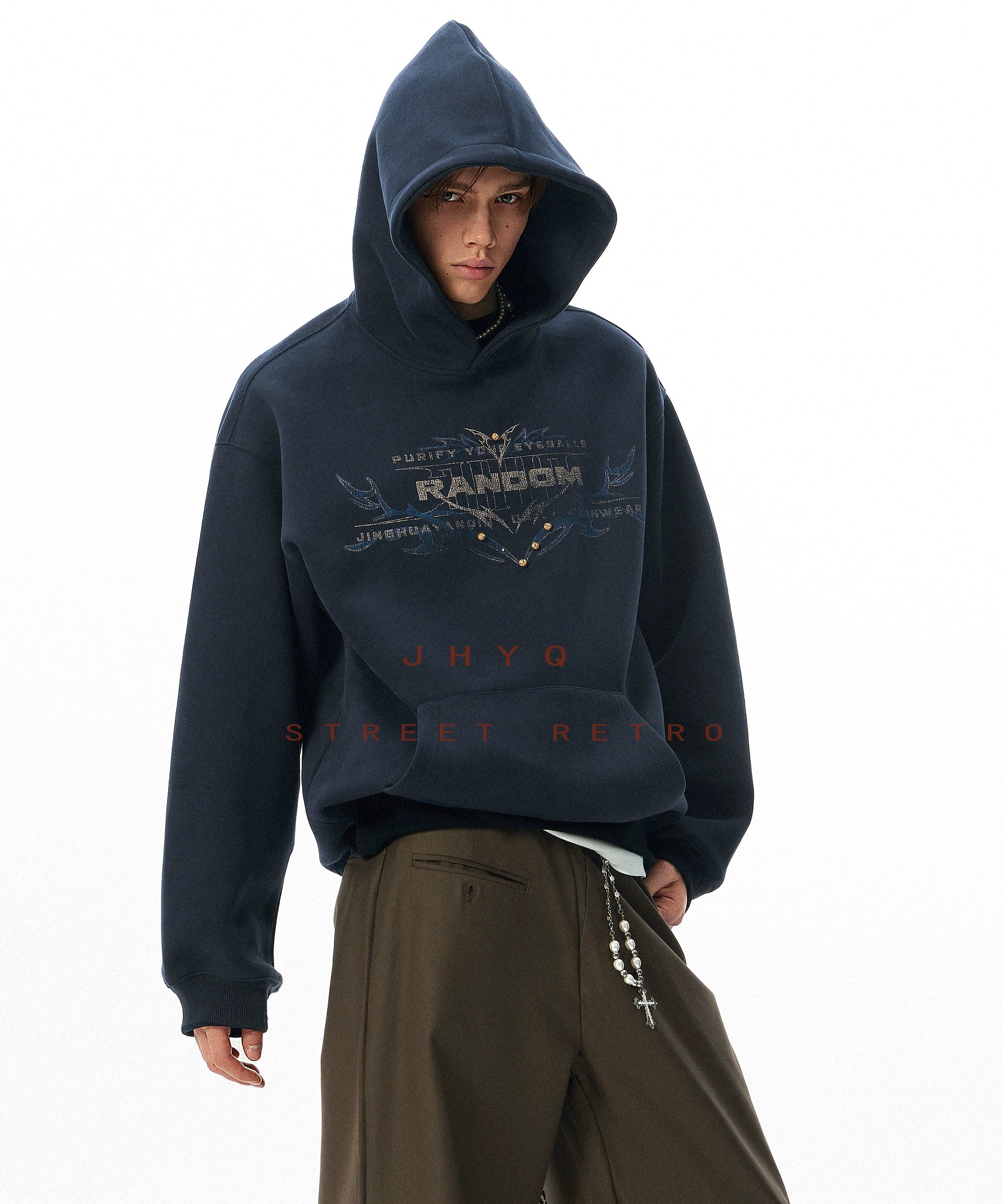 狐狸轮廓丨JHYQ美式复古铆钉字母印花连帽卫衣男秋季宽松休闲帽衫