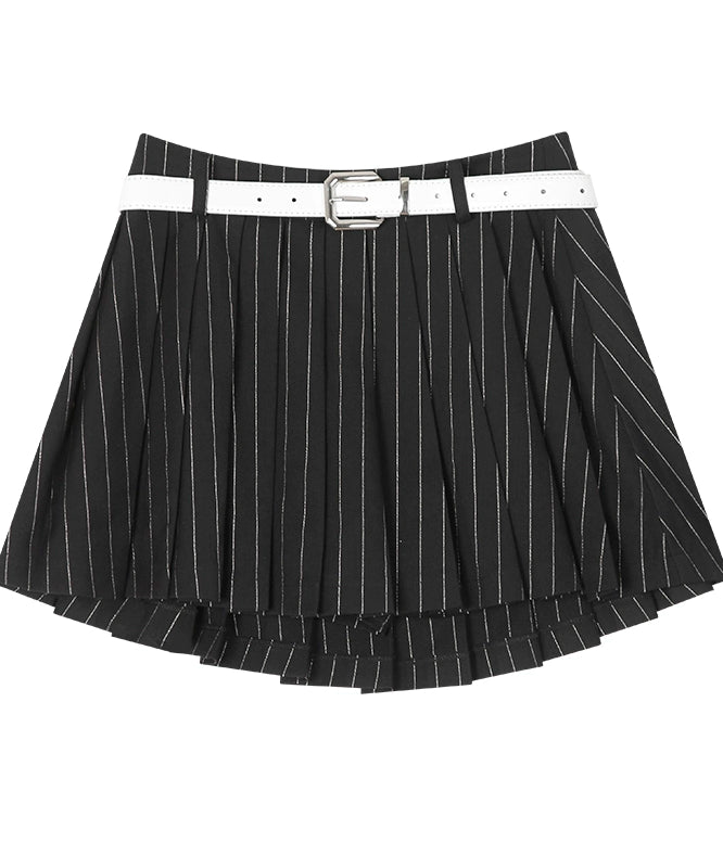 野生zerocircle 白灰黑色百褶裙女夏季辣妹a字显瘦条纹半身短裙子