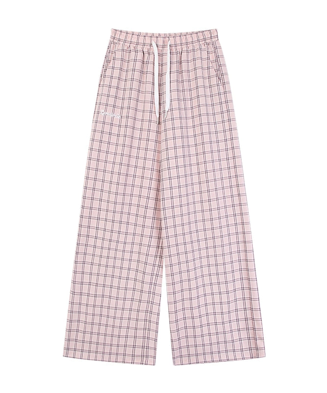 野生zero蓝格子裤女夏季薄款松紧腰慵懒宽松阔腿直筒休闲显瘦裤子