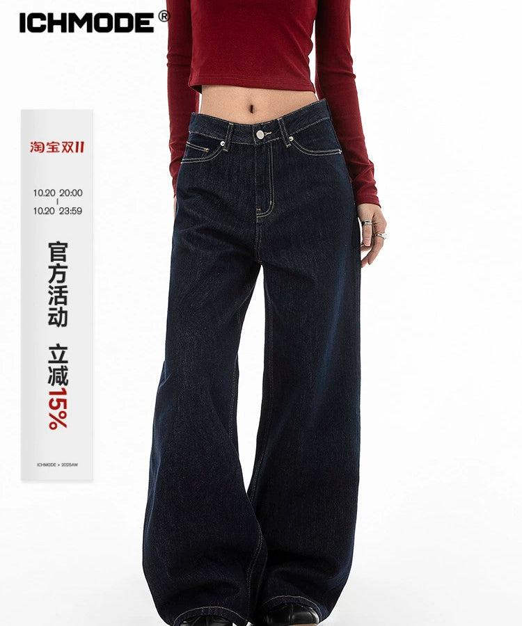 ICH MODE 美式复古丹宁蓝牛仔裤女秋冬宽松直筒裤休闲运动阔腿裤