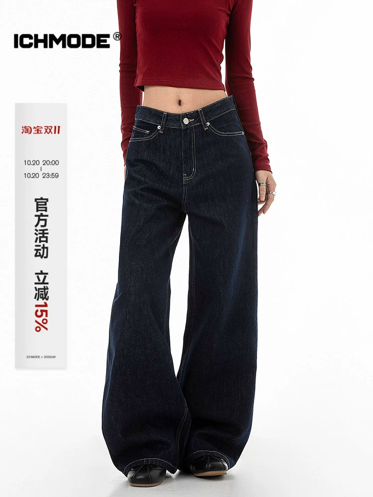 ICH MODE 美式复古丹宁蓝牛仔裤女秋冬宽松直筒裤休闲运动阔腿裤