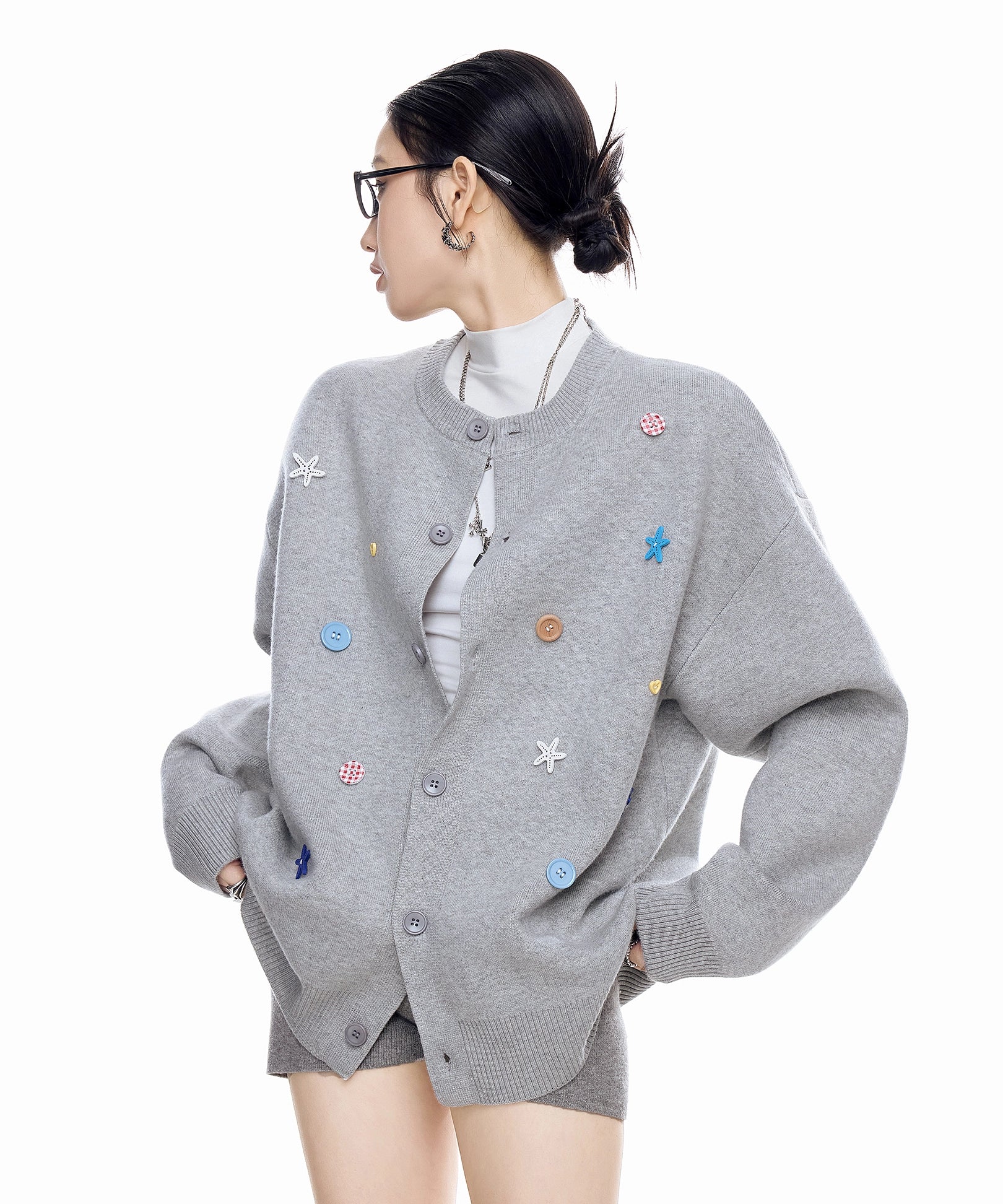 ICH MODE 美式复古海星纽扣针织开衫女秋冬季慵懒氛围感毛衣外套