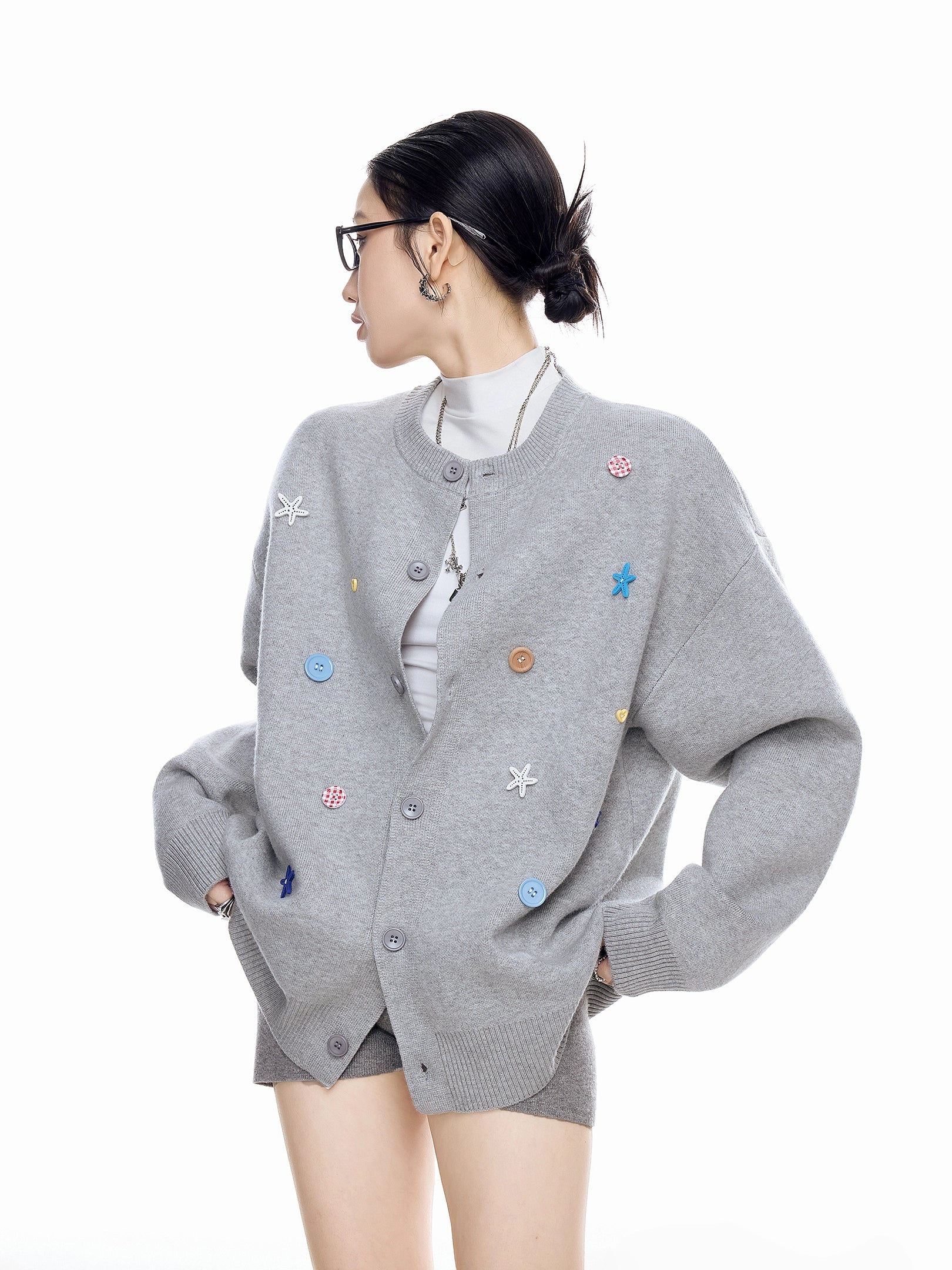 ICH MODE 美式复古海星纽扣针织开衫女秋冬季慵懒氛围感毛衣外套