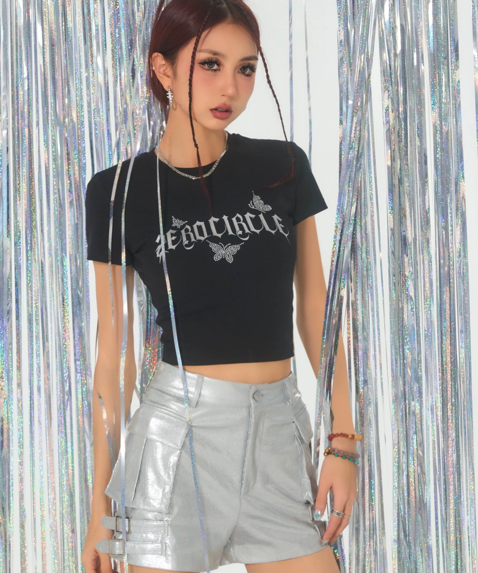 野生zerocircle 黑粉色烫钻正肩短袖t恤女夏辣妹修身显瘦短款上衣