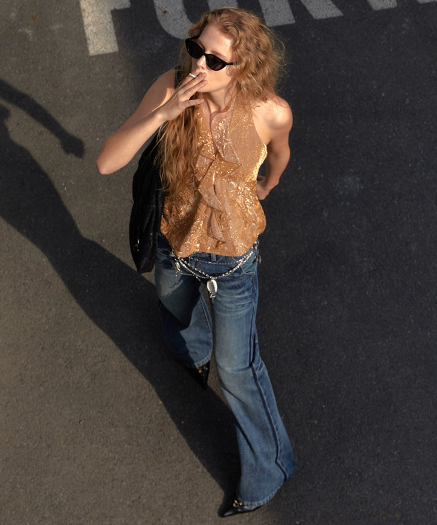 2th Desire荷叶边露背挂脖背心女夏独特宽松吊带无袖辣妹上衣外穿