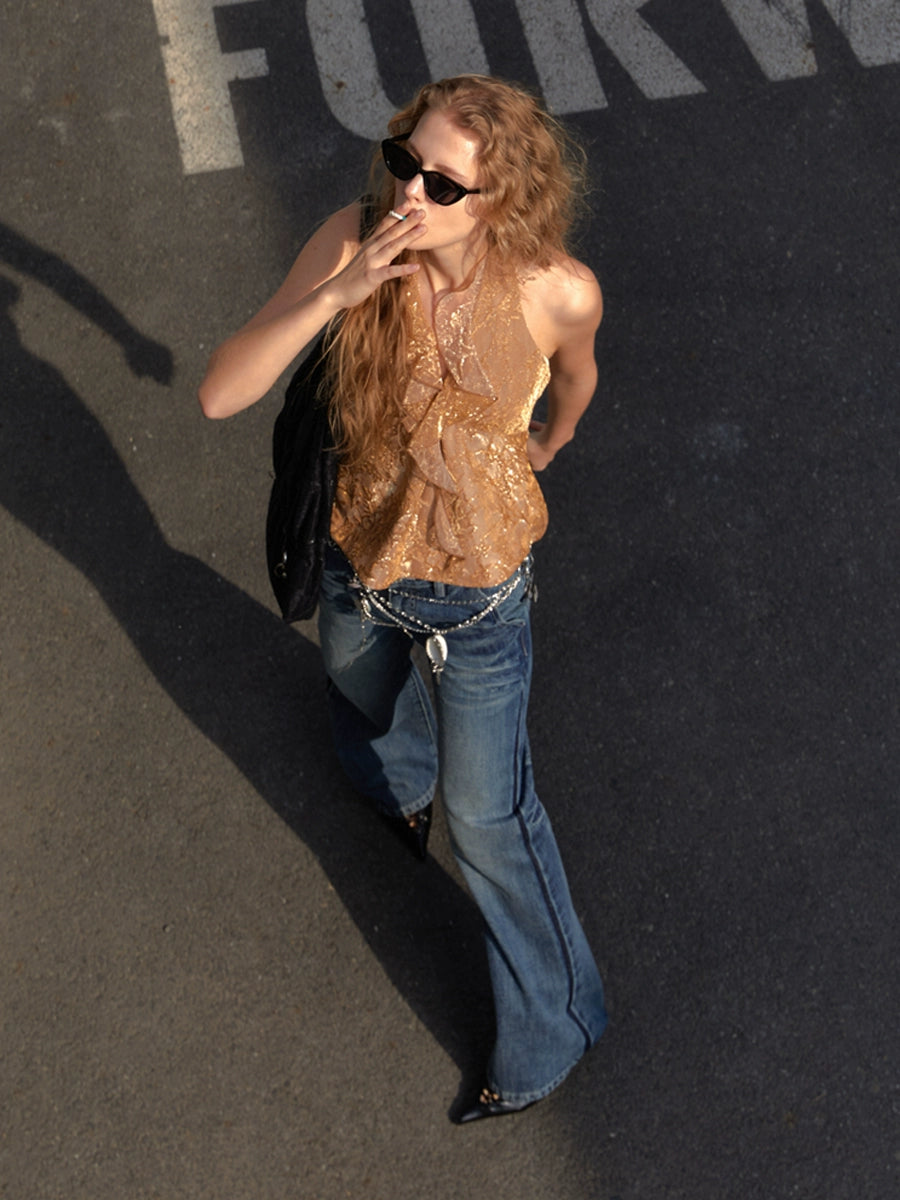 2th Desire荷叶边露背挂脖背心女夏独特宽松吊带无袖辣妹上衣外穿