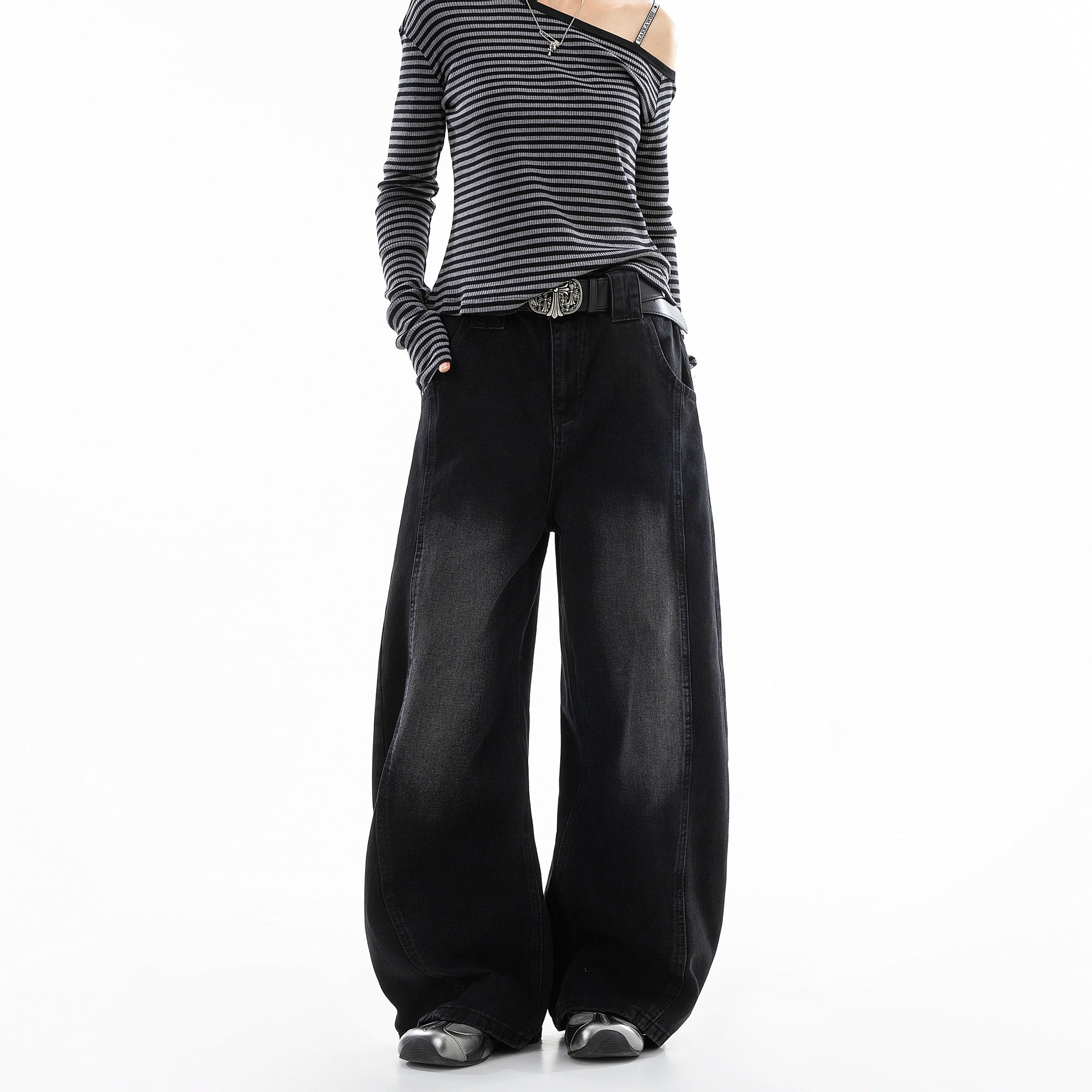 ICH MODE 美式复古直筒宽松牛仔裤女新款流行弯刀裤休闲阔腿裤子