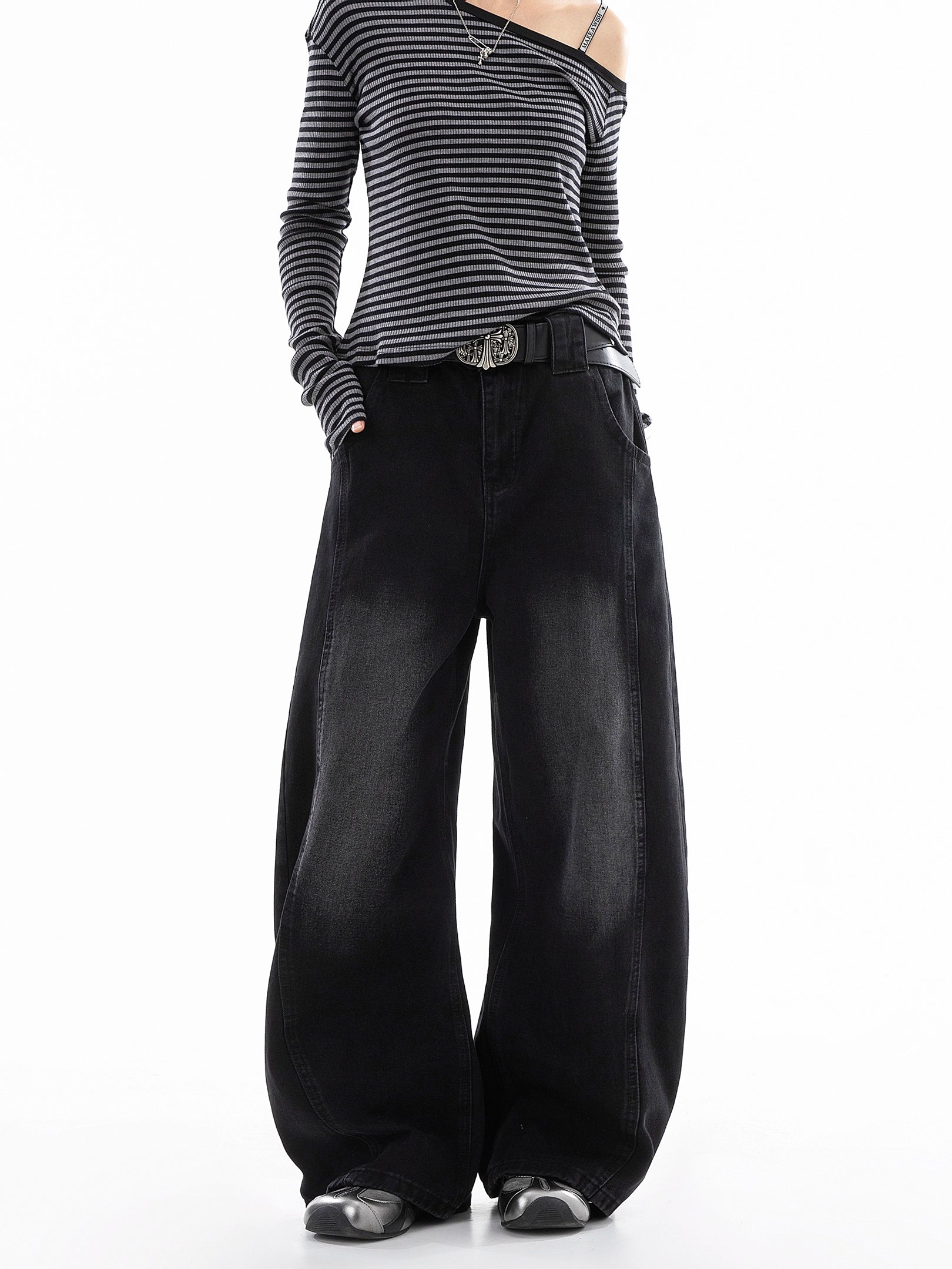 ICH MODE 美式复古直筒宽松牛仔裤女新款流行弯刀裤休闲阔腿裤子