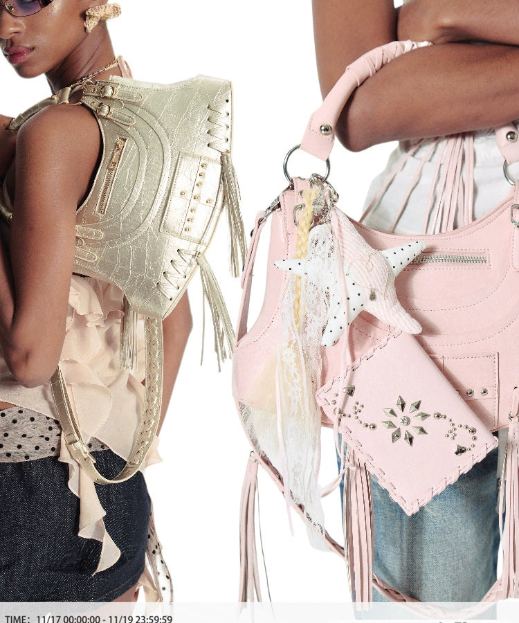 2th Desire重工复古流苏金属铆钉朋克机车包解构斜挎包单肩腋下包