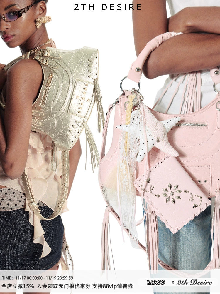 2th Desire重工复古流苏金属铆钉朋克机车包解构斜挎包单肩腋下包