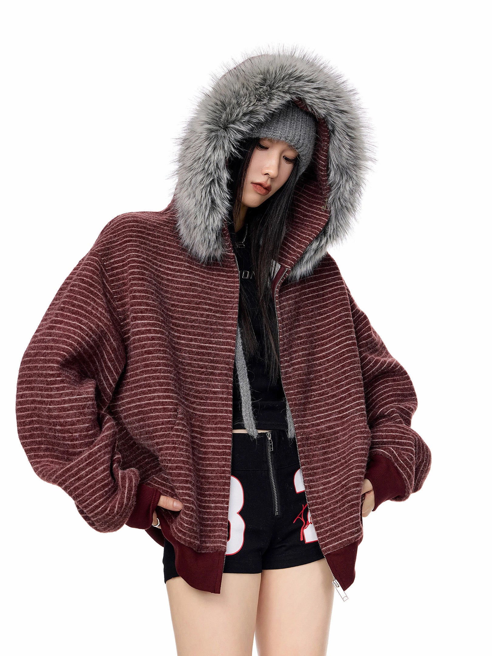 ICH MODE 美式复古条纹毛领连帽卫衣外套女秋冬休闲宽松开衫上衣