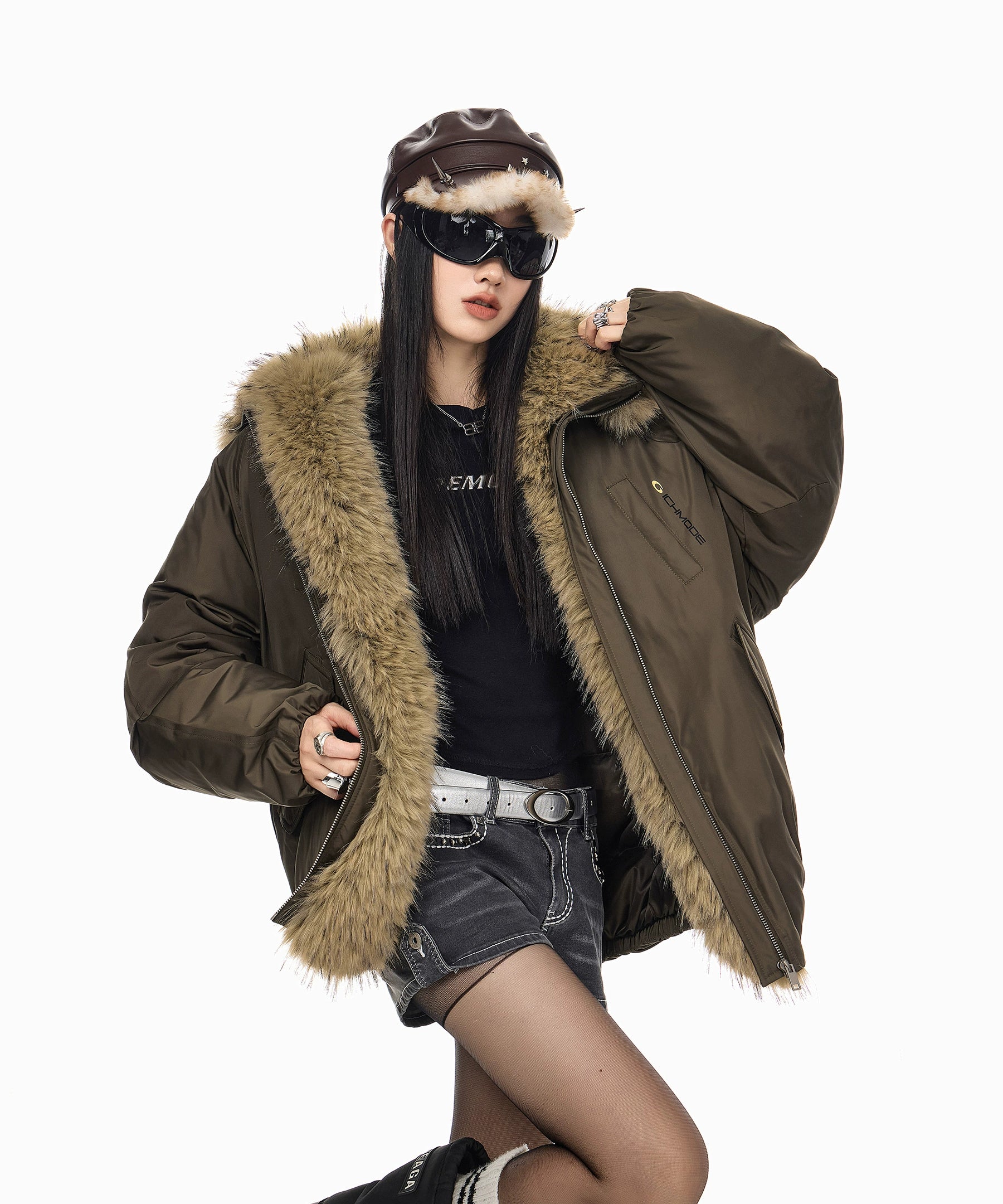 ICH MODE 美式复古座山雕棉衣棉服女2025新款秋冬季毛领防寒外套