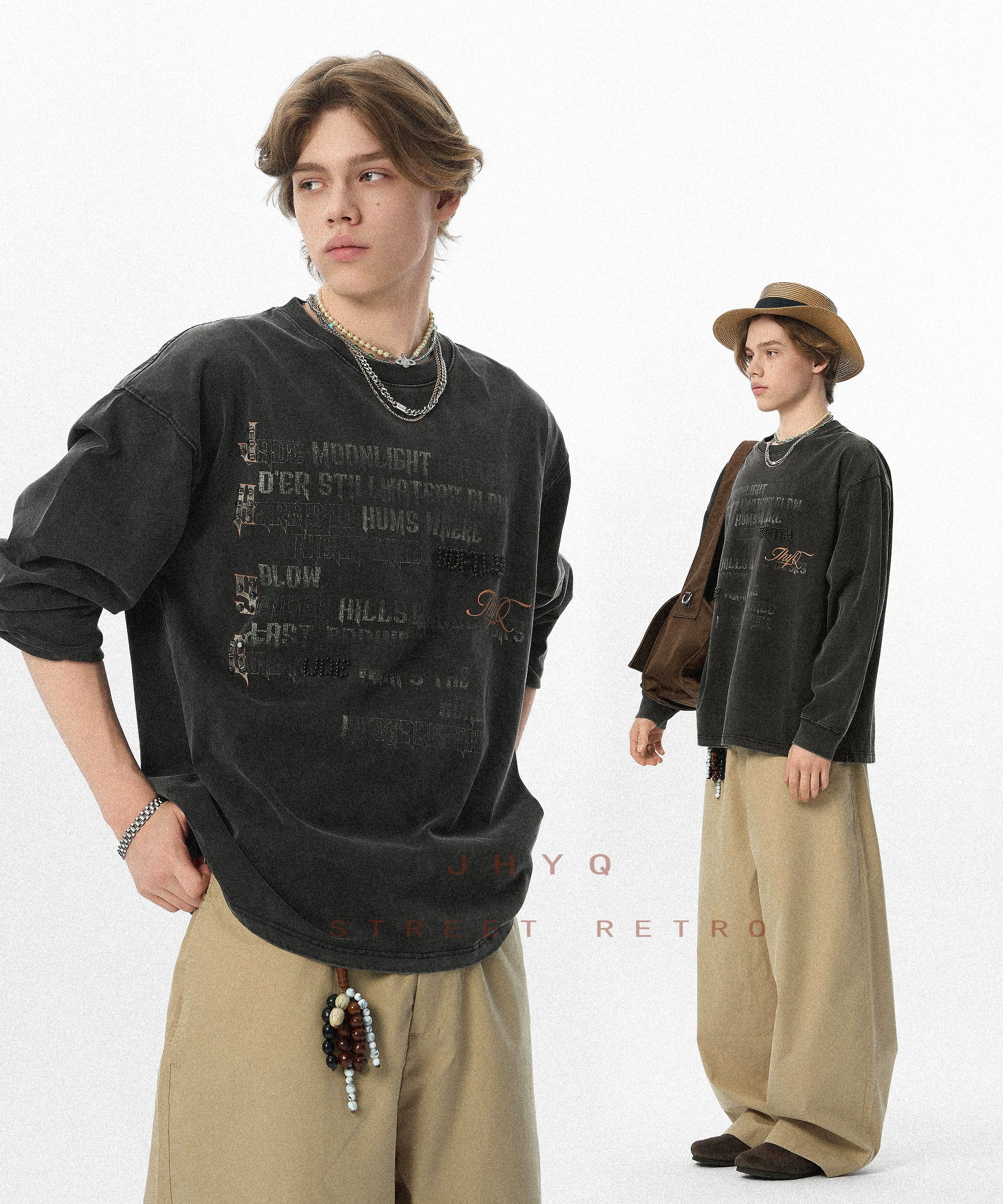 水洗系列丨JHYQ美式字母钉珠320g重磅满印长袖T恤男潮流复古卫衣