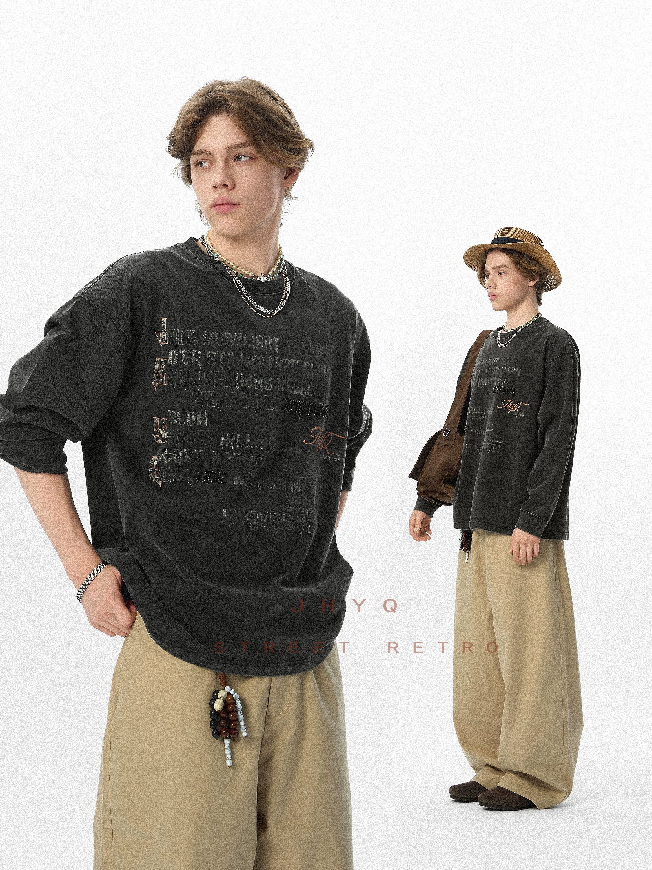 水洗系列丨JHYQ美式字母钉珠320g重磅满印长袖T恤男潮流复古卫衣