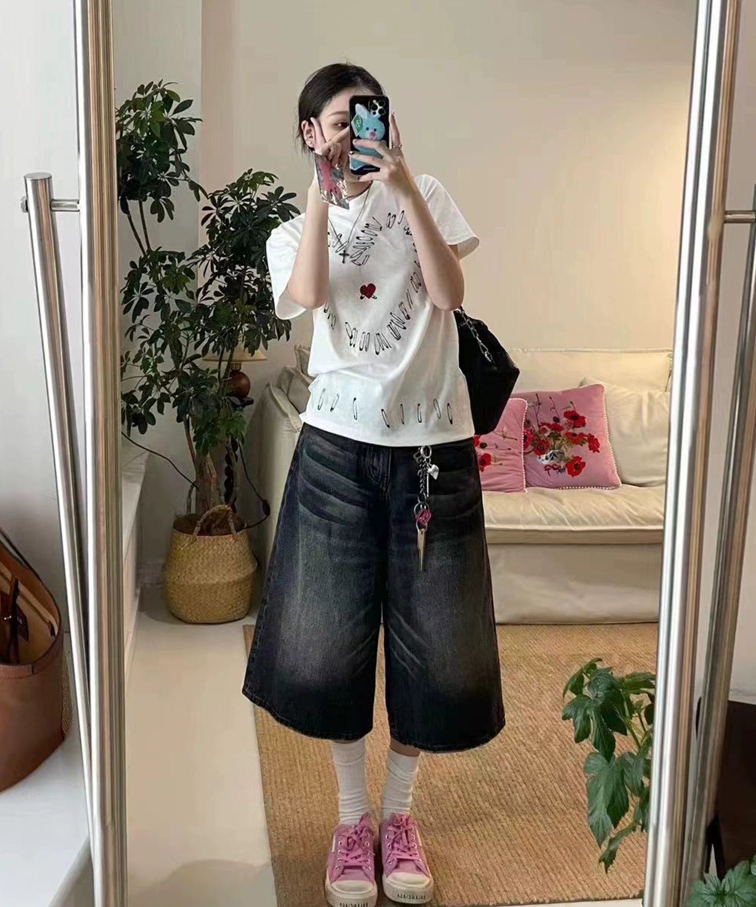 邓为明星同款宽松廓形水洗复古做旧七分牛仔短裤TERRAINCOGNITA