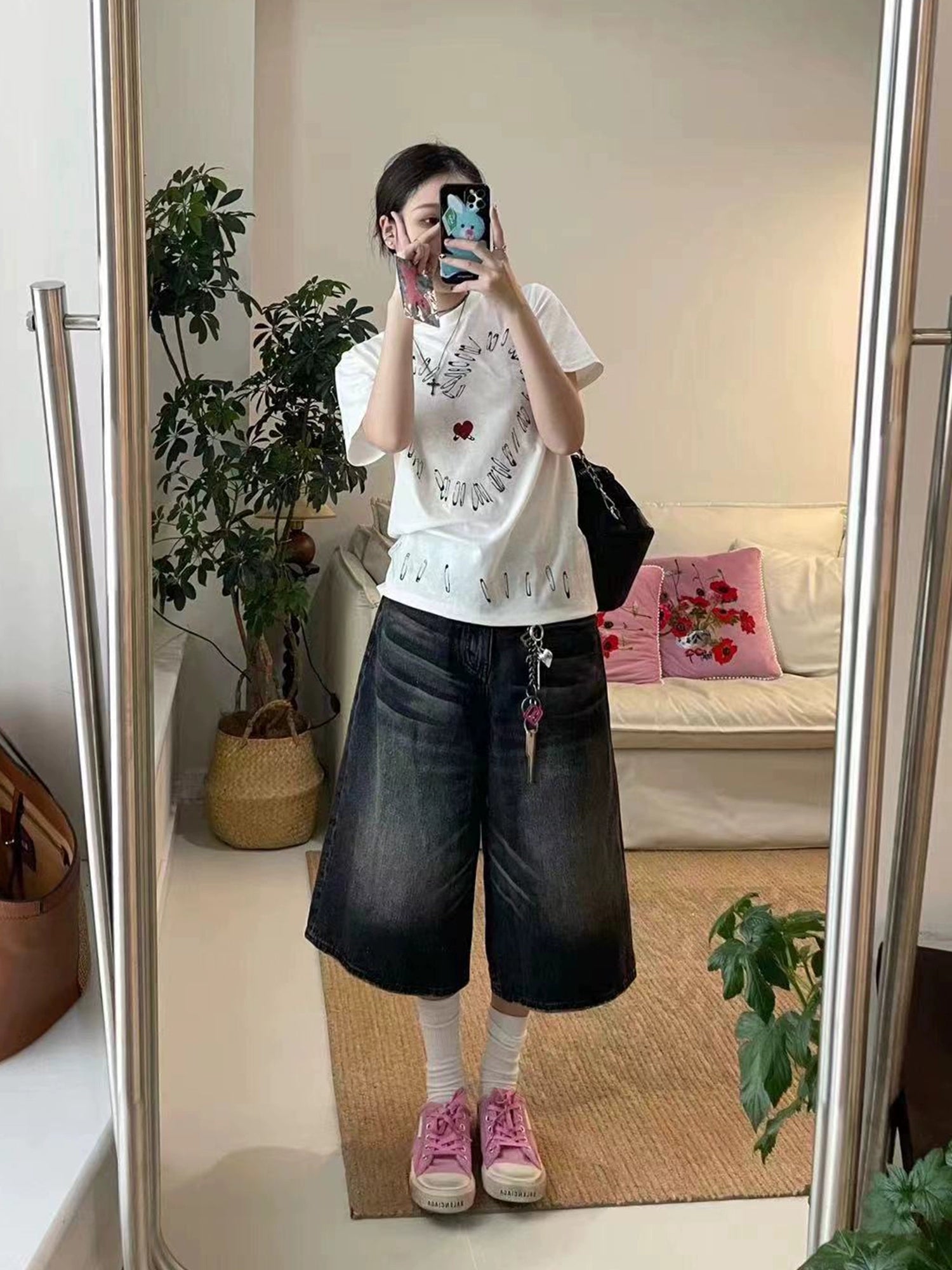 邓为明星同款宽松廓形水洗复古做旧七分牛仔短裤TERRAINCOGNITA