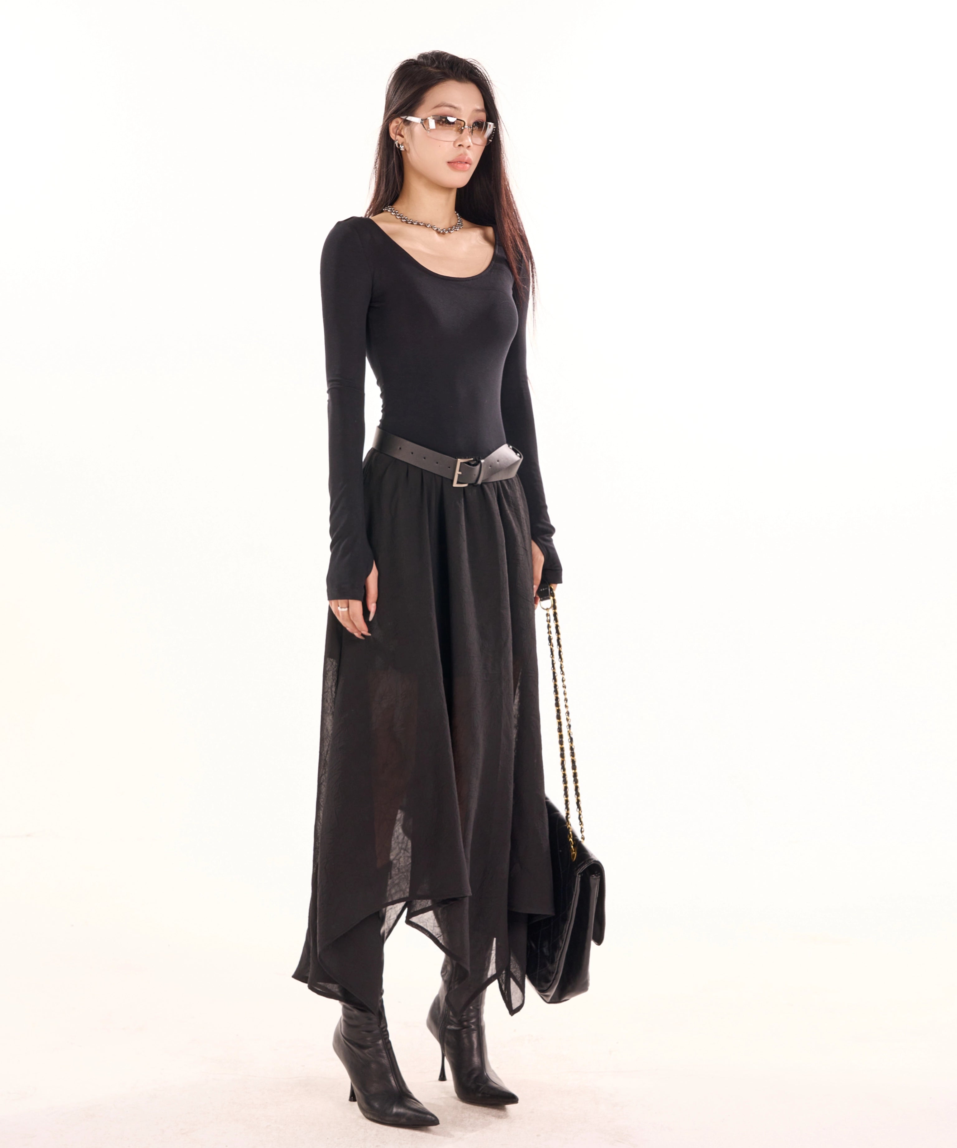 野生zerocircle 黑杏色a字长袖连衣裙女春秋辣妹显瘦修身收腰裙子