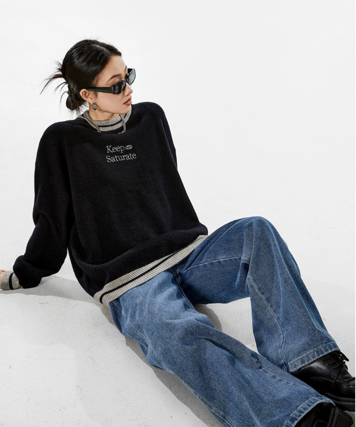 ICH MODE 美式复古圆领毛衣秋冬女宽松针织衫外套慵懒风2025新款