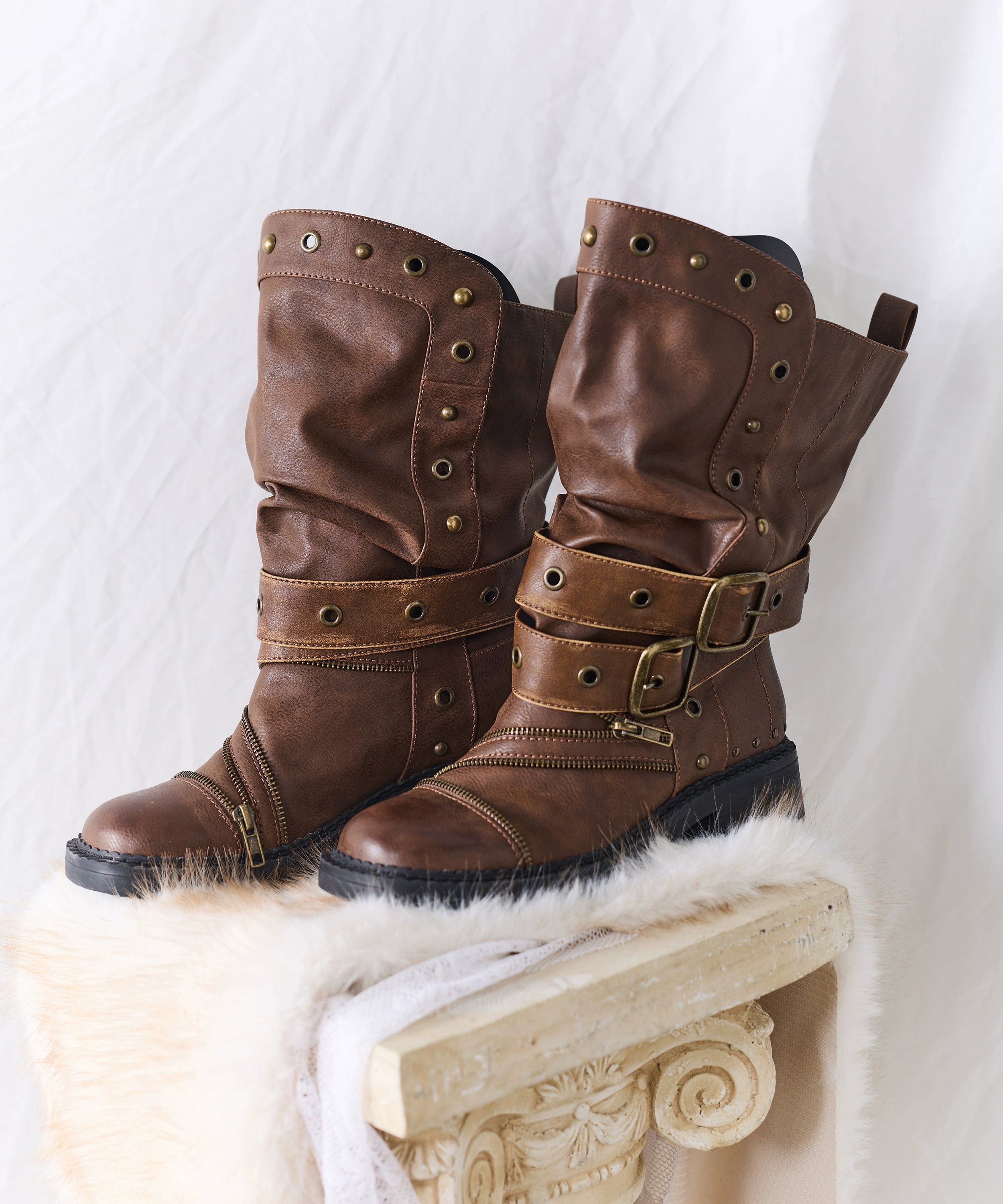 2th Desire原创时髦复古棕色重工做旧擦色拉链铆钉堆叠中筒长靴