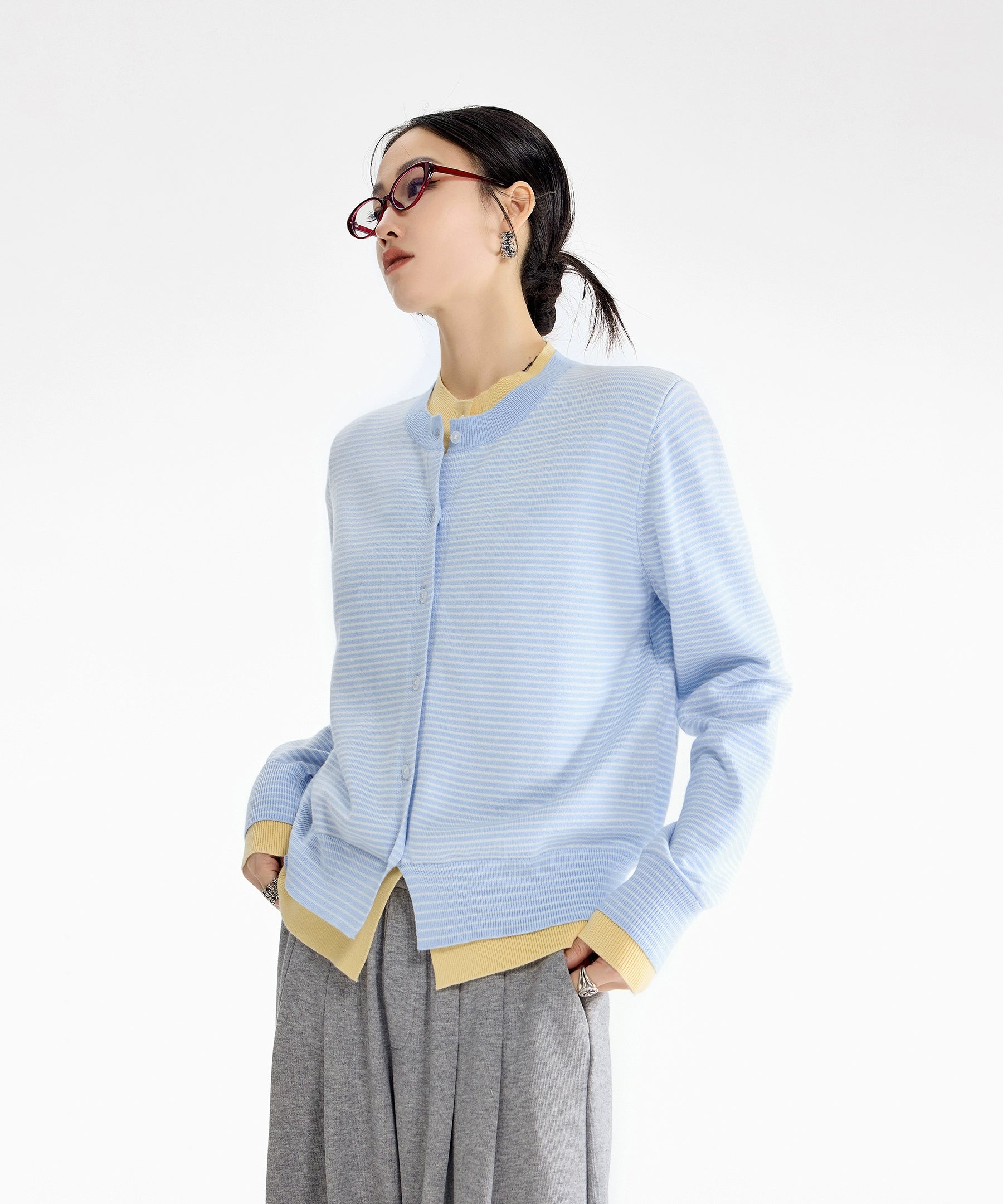 ICH MODE 美式假两件撞色条纹针织开衫女秋冬季短款修身毛衣外套