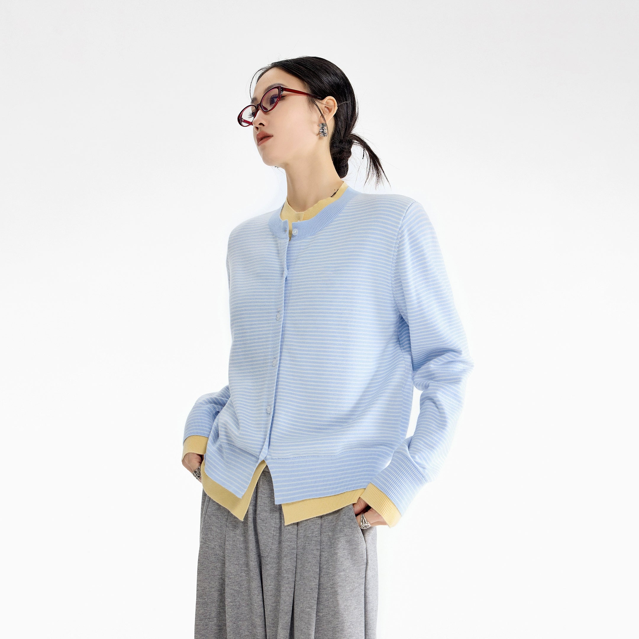 ICH MODE 美式假两件撞色条纹针织开衫女秋冬季短款修身毛衣外套