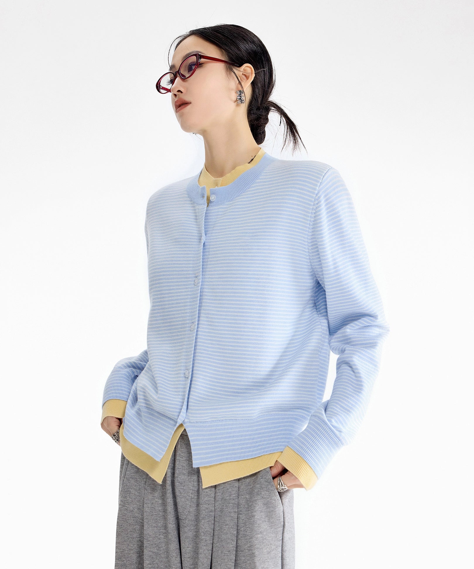 ICH MODE 美式假两件撞色条纹针织开衫女秋冬季短款修身毛衣外套