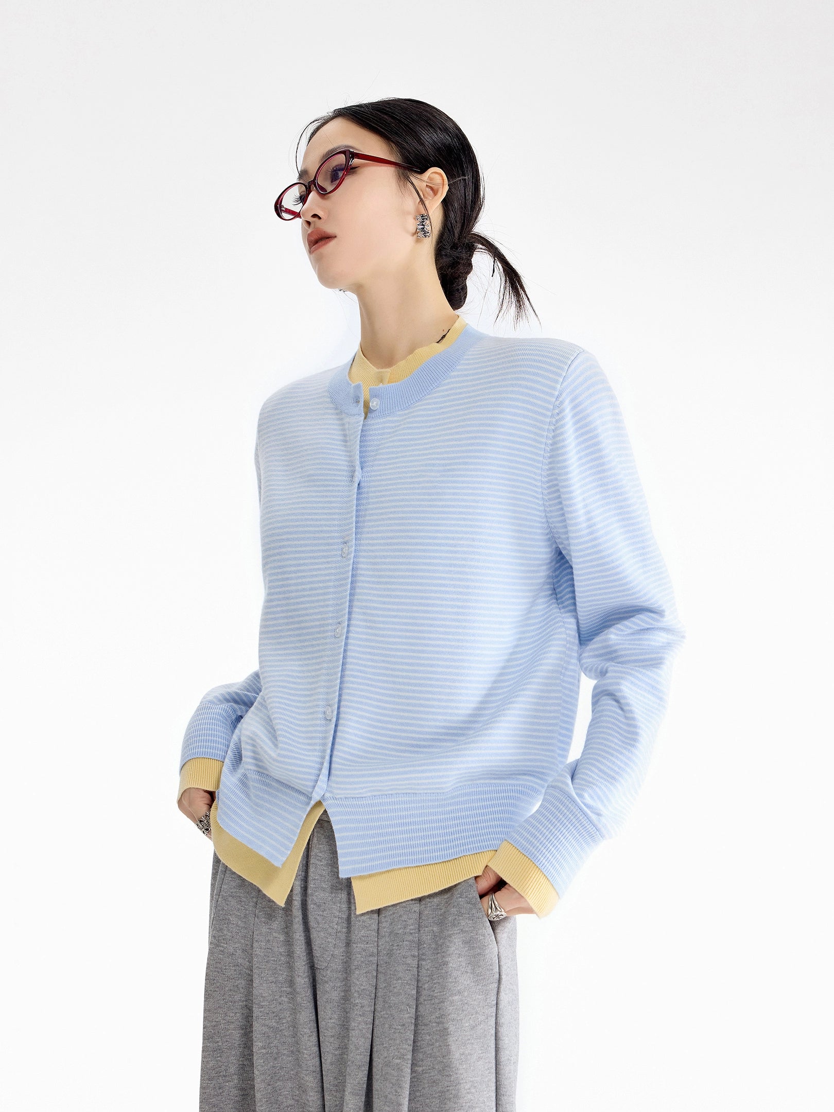 ICH MODE 美式假两件撞色条纹针织开衫女秋冬季短款修身毛衣外套